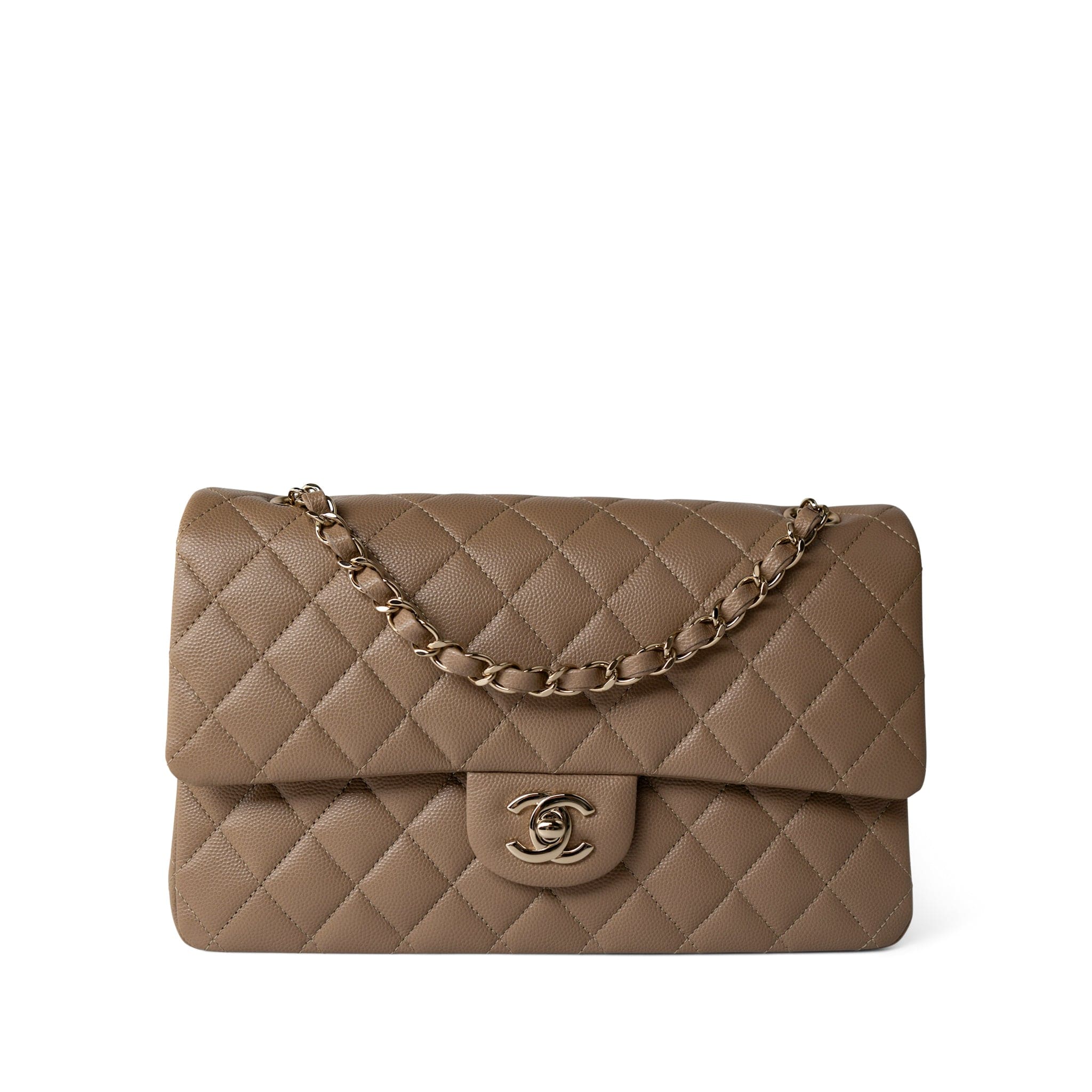 CHANEL Handbag Classic flap / Beige 22A Dark Beige Caviar Quilted Classic Flap Medium Light Gold Hardware - Redeluxe