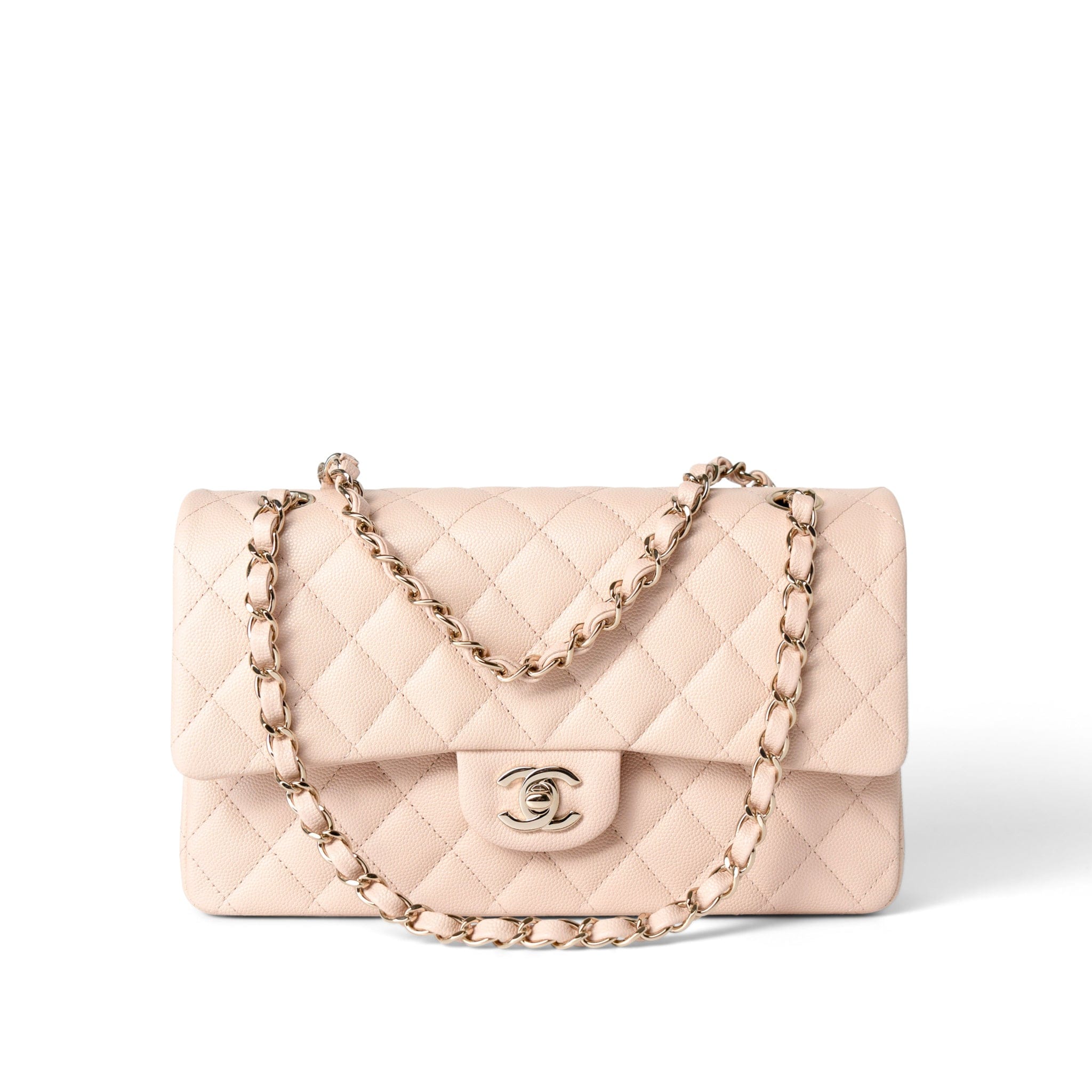 CHANEL Handbag Classic Flap / Beige 22c Beige Caviar Quilted Classic Flap Medium Light Gold Hardware - Redeluxe