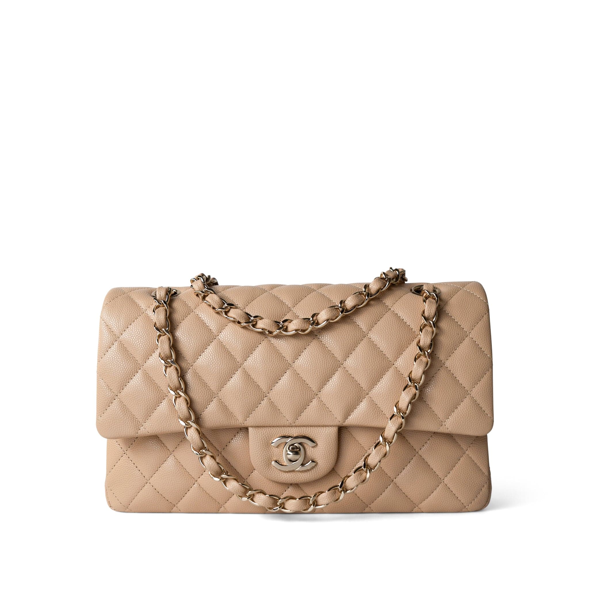 CHANEL Handbag Classic flap / Beige Beige / Tan Caviar Quilted Classic Flap Medium Light Gold Hardware - Redeluxe