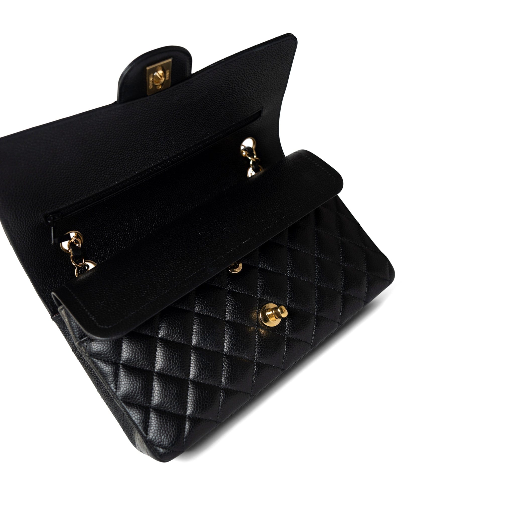 CHANEL Handbag Classic flap / Black Black Caviar Quilted Classic Flap Medium Gold Hardware - Redeluxe