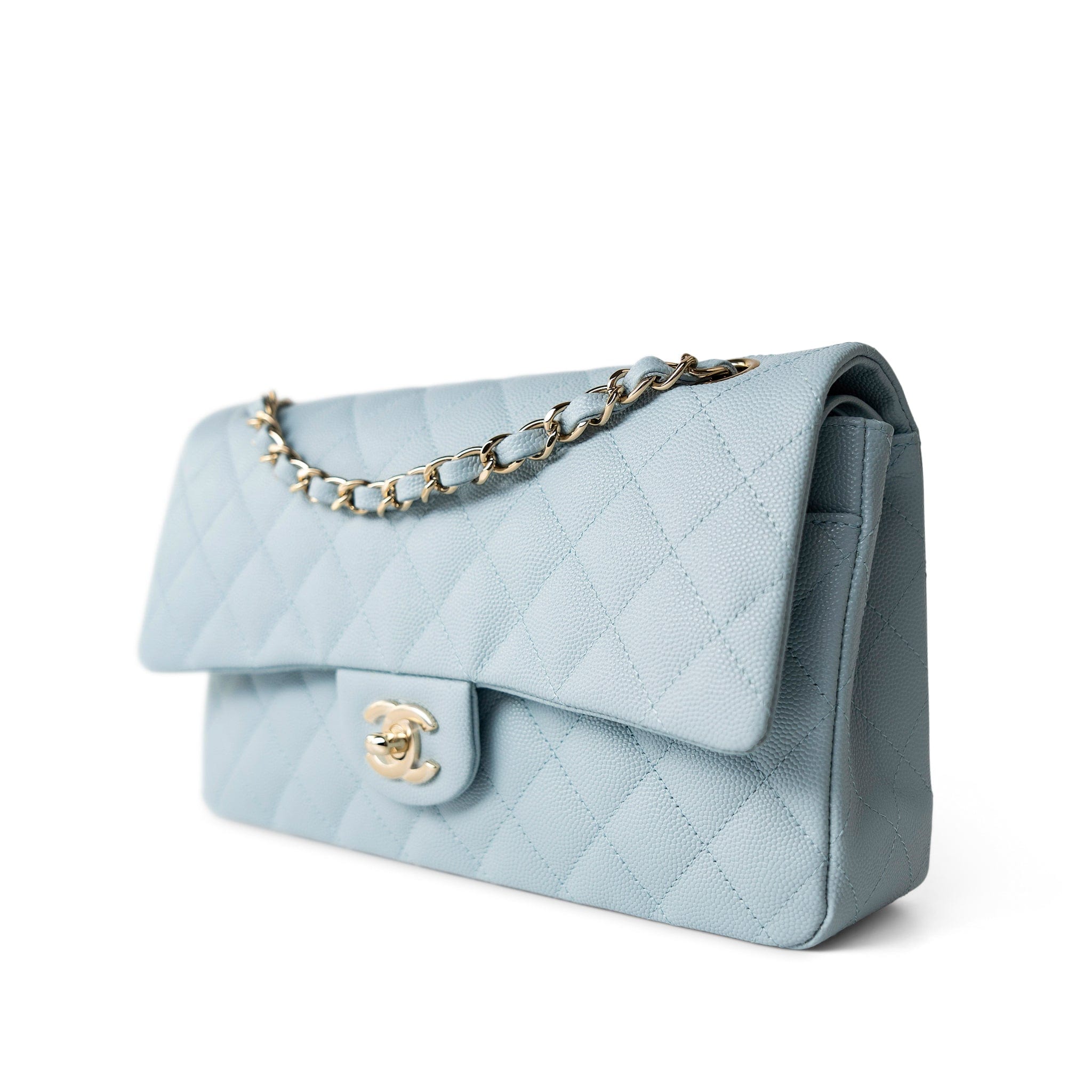 CHANEL Handbag Classic flap / Blue 22P Light Blue Caviar Quilted Classic Flap Medium Light Gold Hardware - Redeluxe