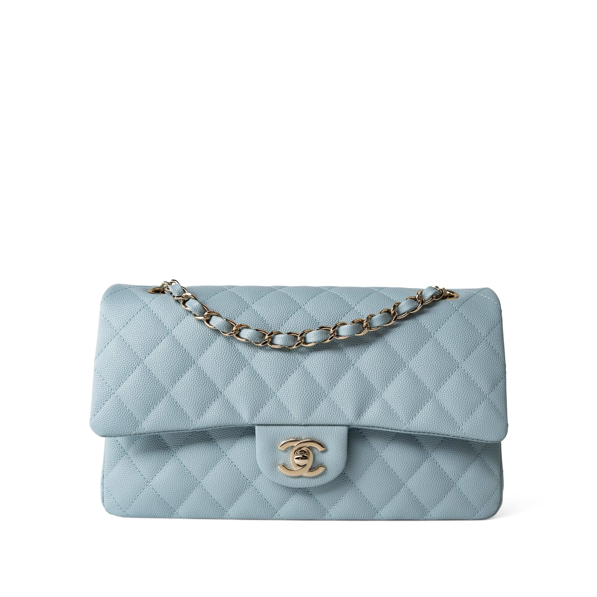 CHANEL Handbag Classic flap / Blue 22P Light Blue Caviar Quilted Classic Flap Medium Light Gold Hardware - Redeluxe