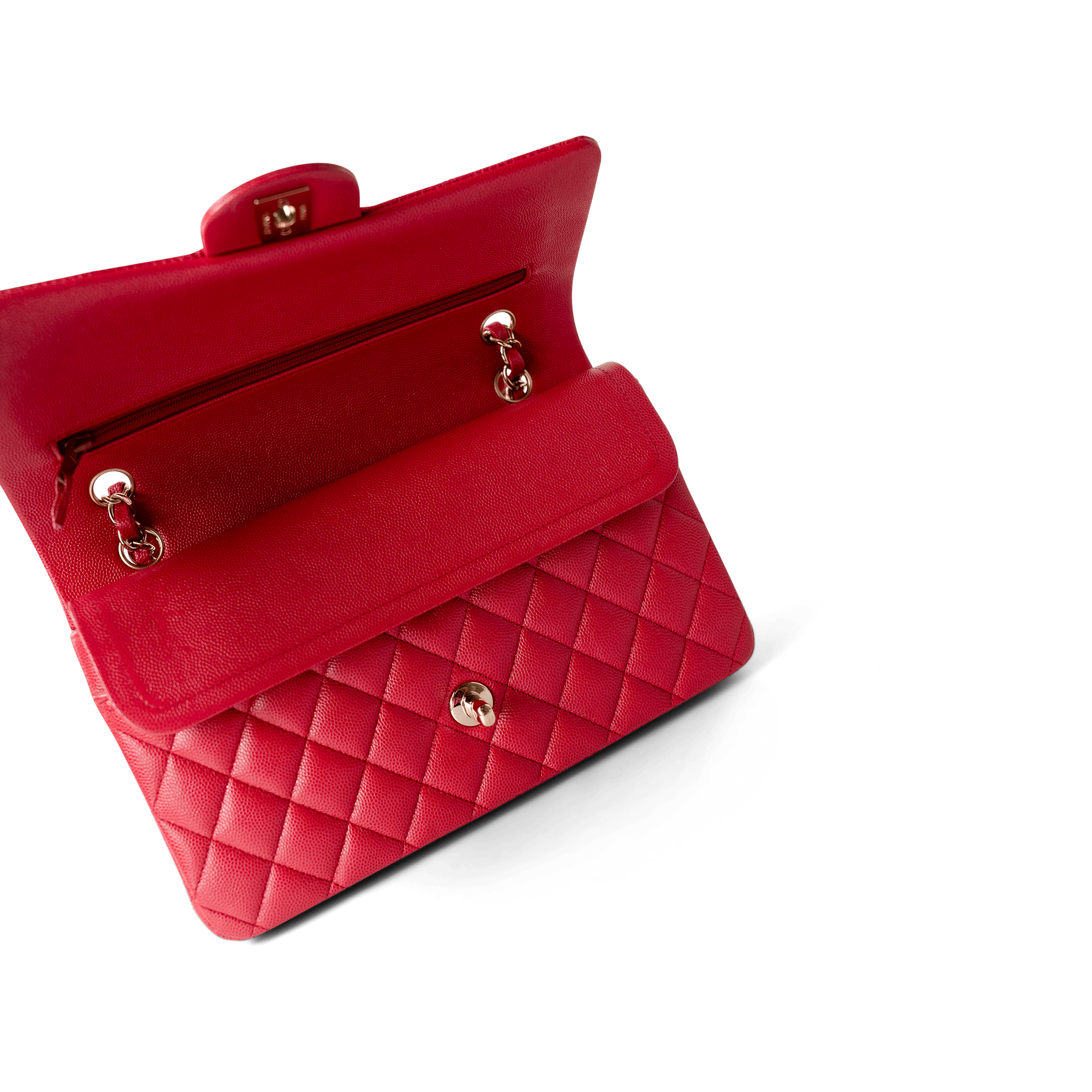 CHANEL Handbag Classic Flap / Red Red Caviar Quilted Classic Flap Medium Light Gold Hardware - Redeluxe