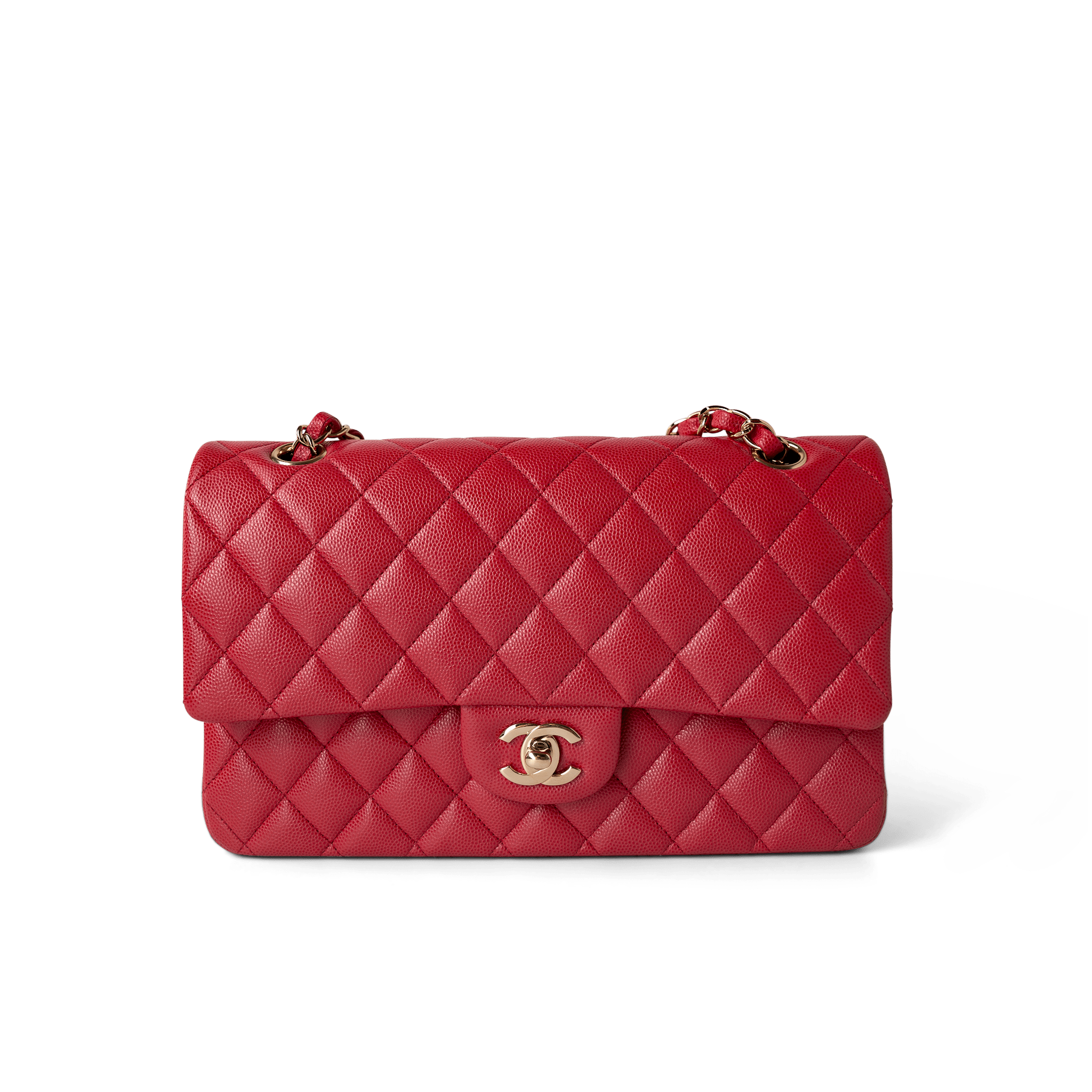 CHANEL Handbag Classic Flap / Red Red Caviar Quilted Classic Flap Medium Light Gold Hardware - Redeluxe