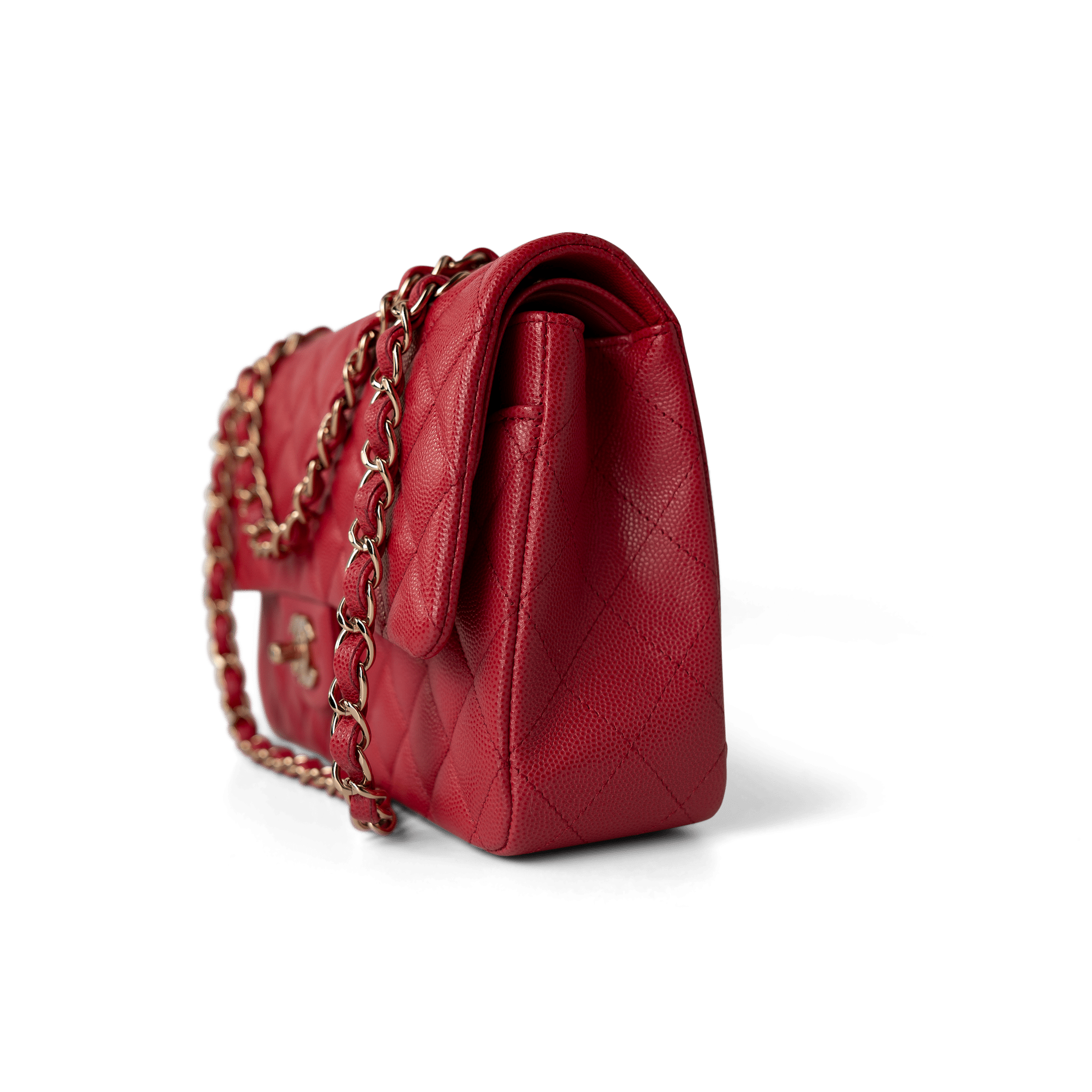 CHANEL Handbag Classic Flap / Red Red Caviar Quilted Classic Flap Medium Light Gold Hardware - Redeluxe