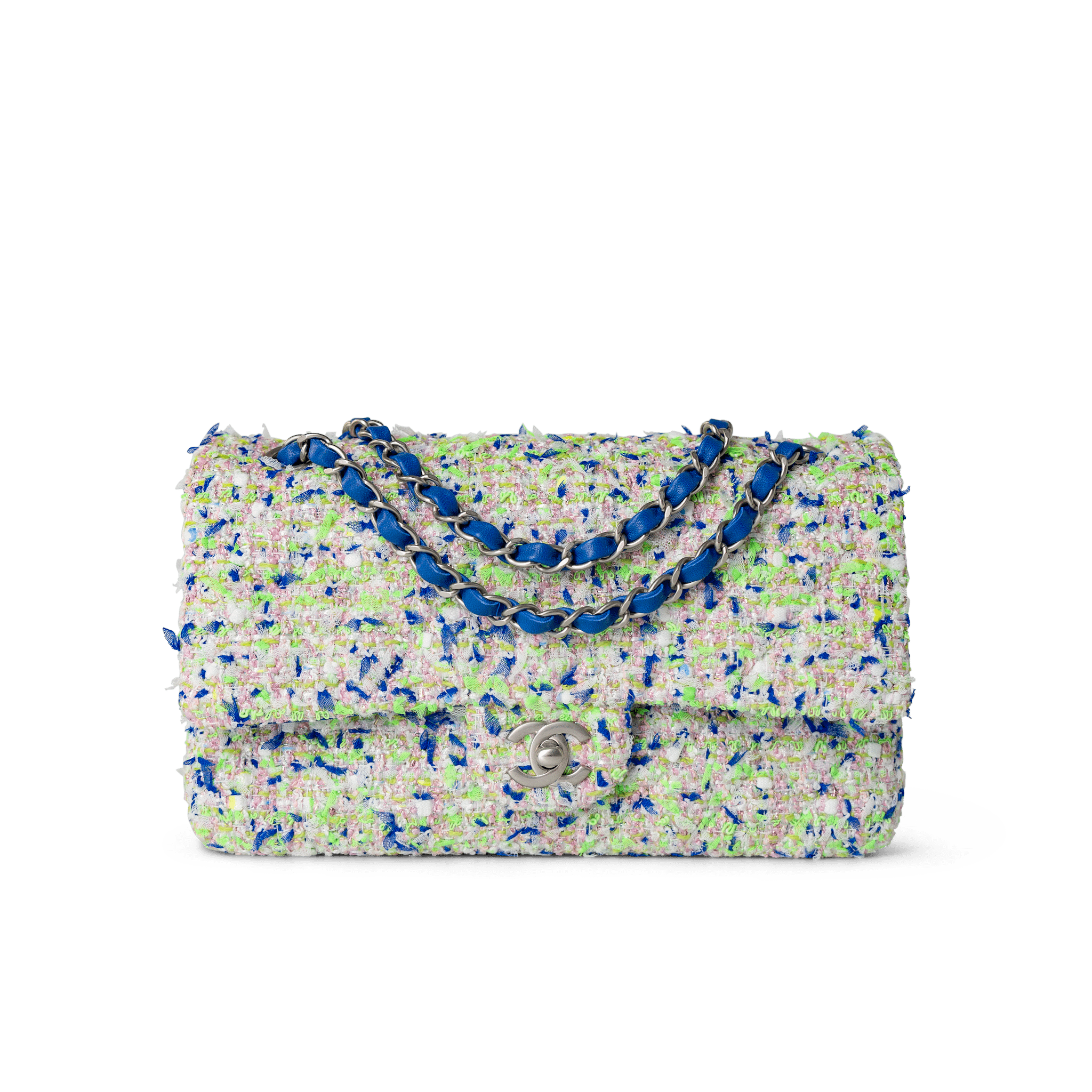 CHANEL Handbag Classic Flap / White 23S White Blue Green Tweed Quilted Classic Flap Medium - Redeluxe