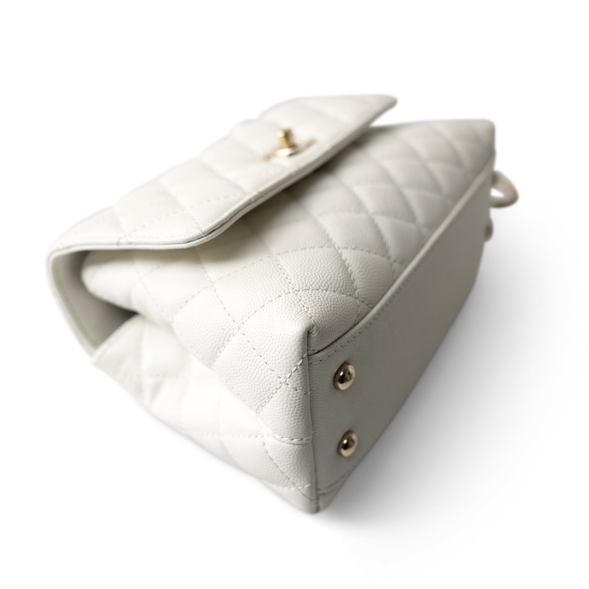 CHANEL Handbag Coco handle / White 21A White Caviar Quilted Coco Handle Small Light Gold Hardware - Redeluxe