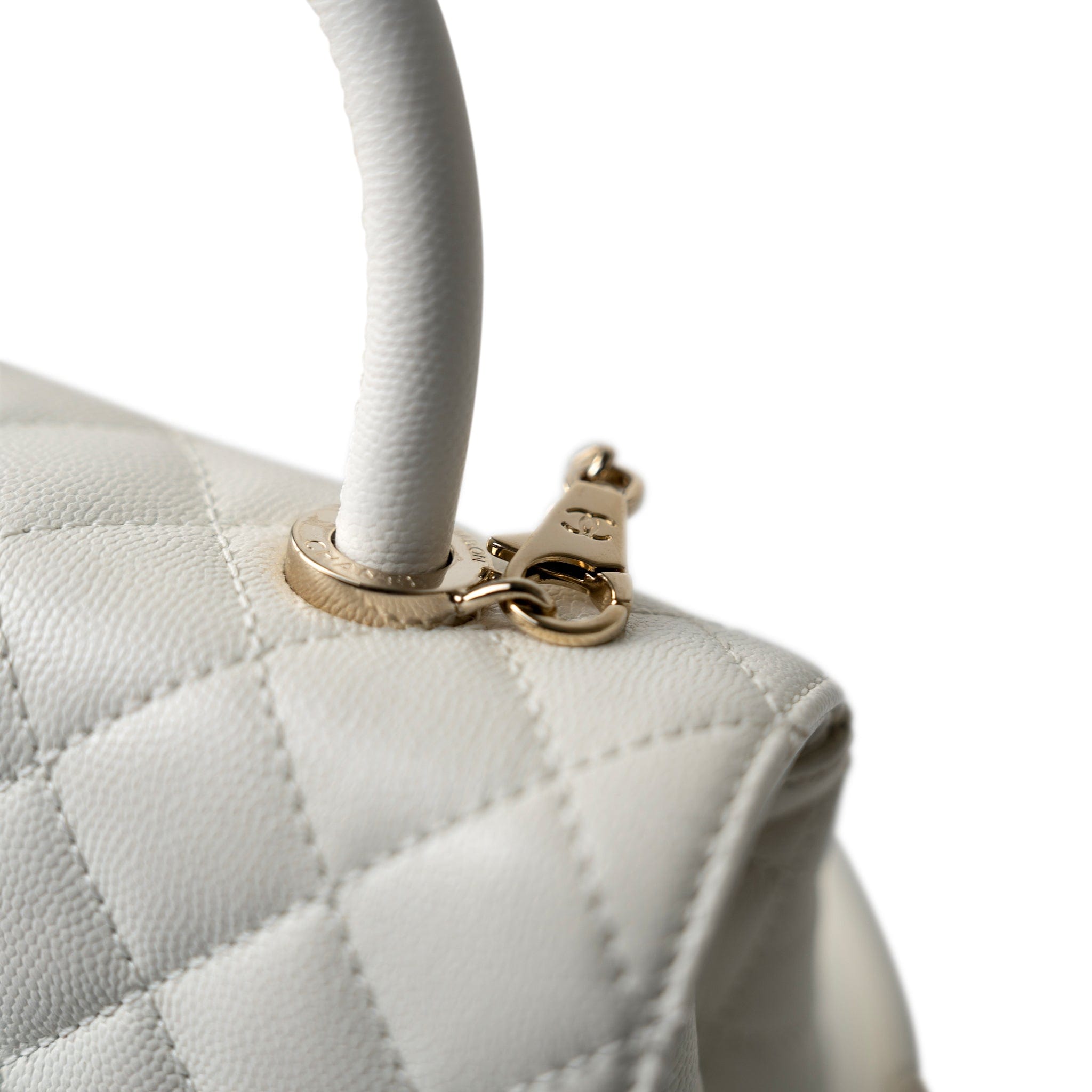 CHANEL Handbag Coco handle / White 21A White Caviar Quilted Coco Handle Small Light Gold Hardware - Redeluxe