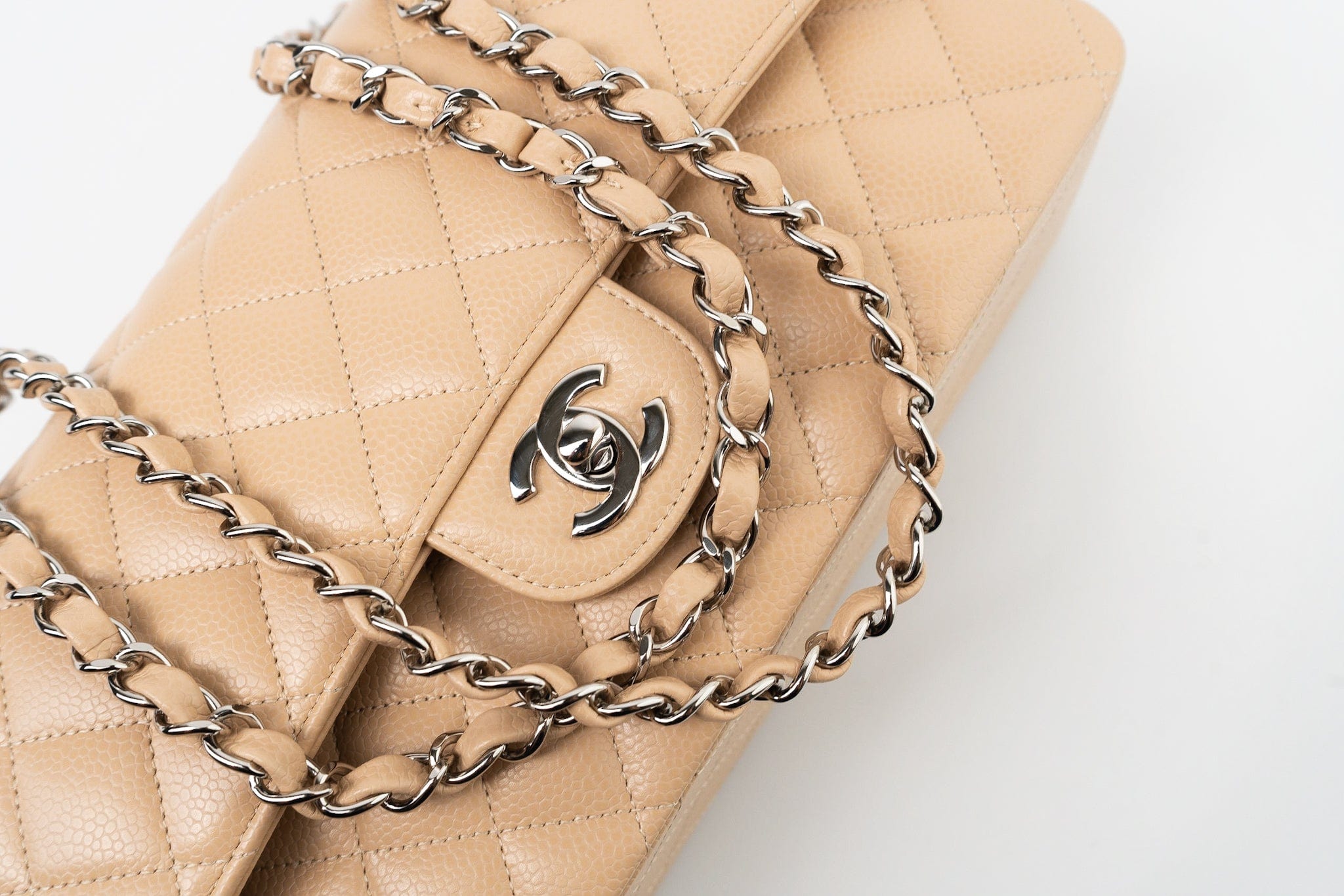 Beige Clair Caviar Quilted Classic Flap Medium Silver Hardware