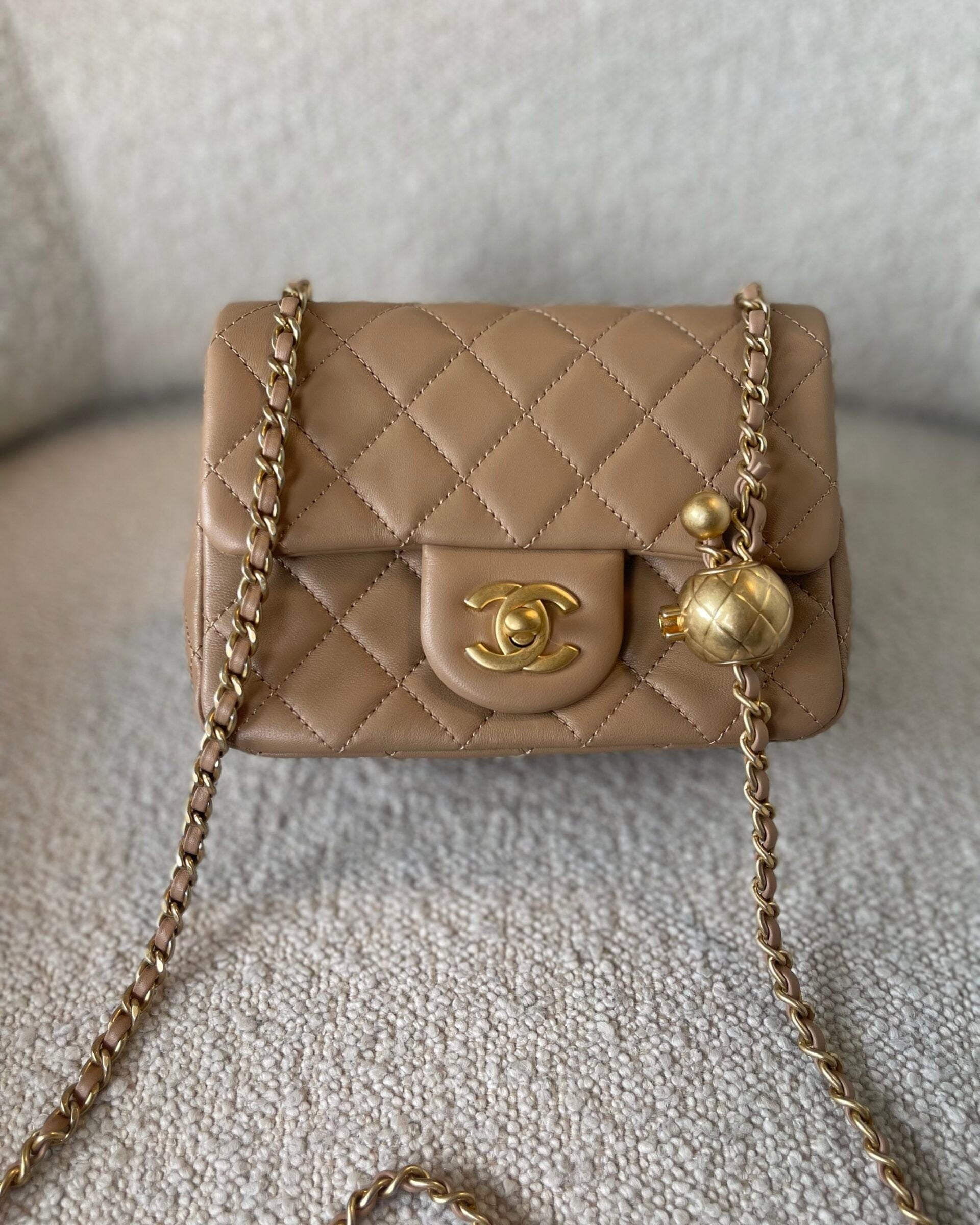 CHANEL Handbag Dark Beige Lambskin Quilted Pearl Crush Mini Aged Hardware - Redeluxe