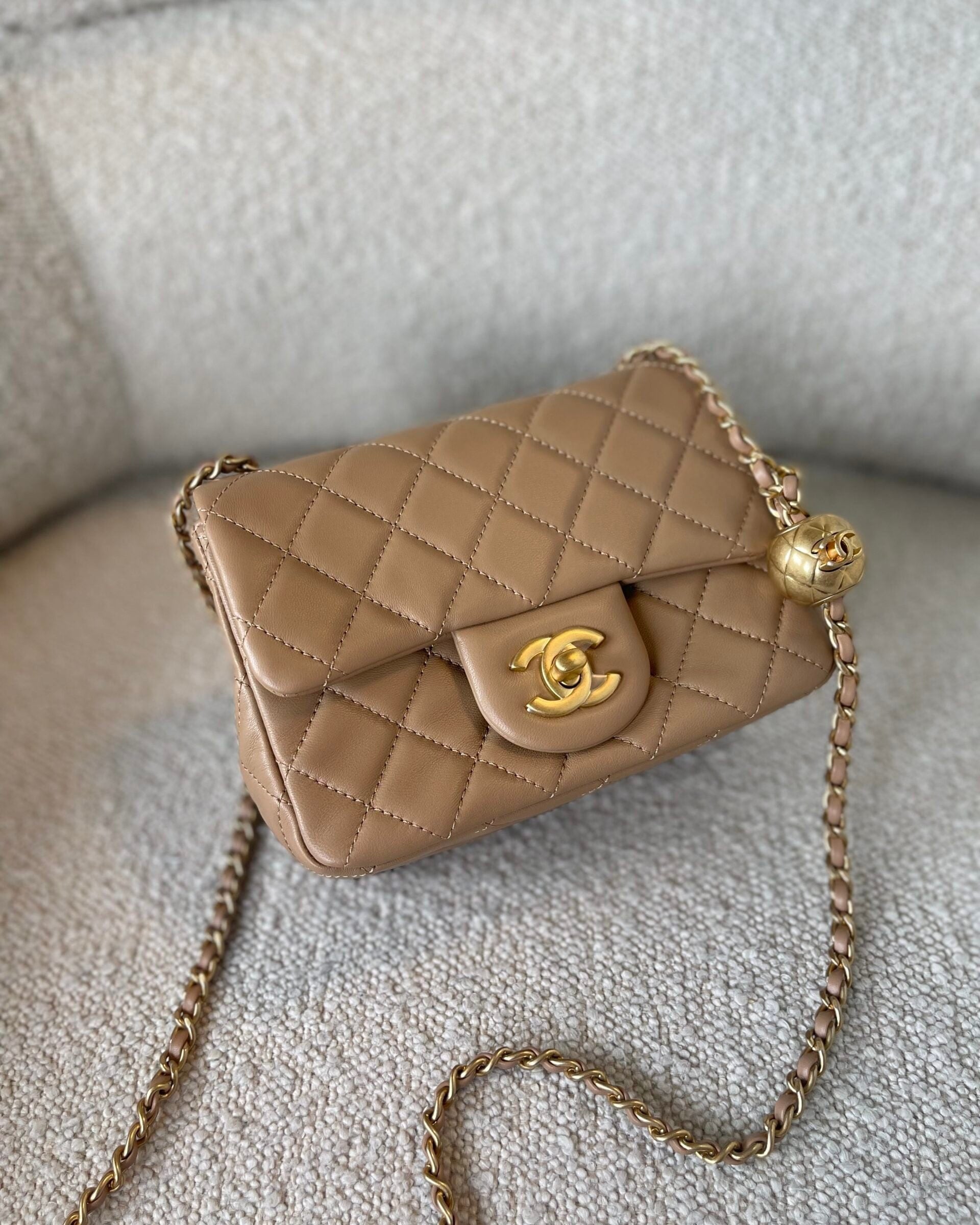 CHANEL Handbag Dark Beige Lambskin Quilted Pearl Crush Mini Aged Hardware - Redeluxe