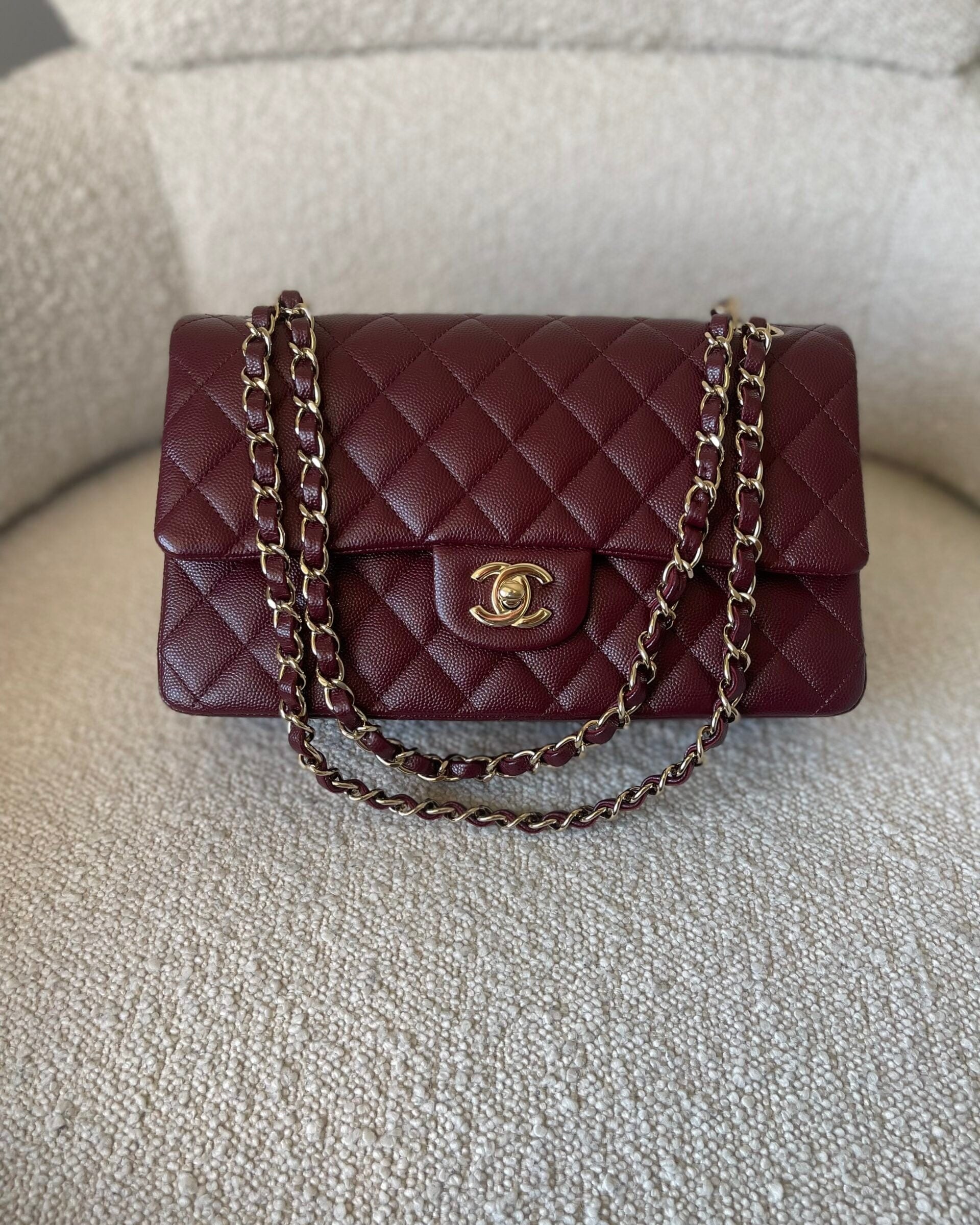 CHANEL Handbag Dark Red/Maroon Caviar Quilted Classic Flap Medium LGHW - Redeluxe