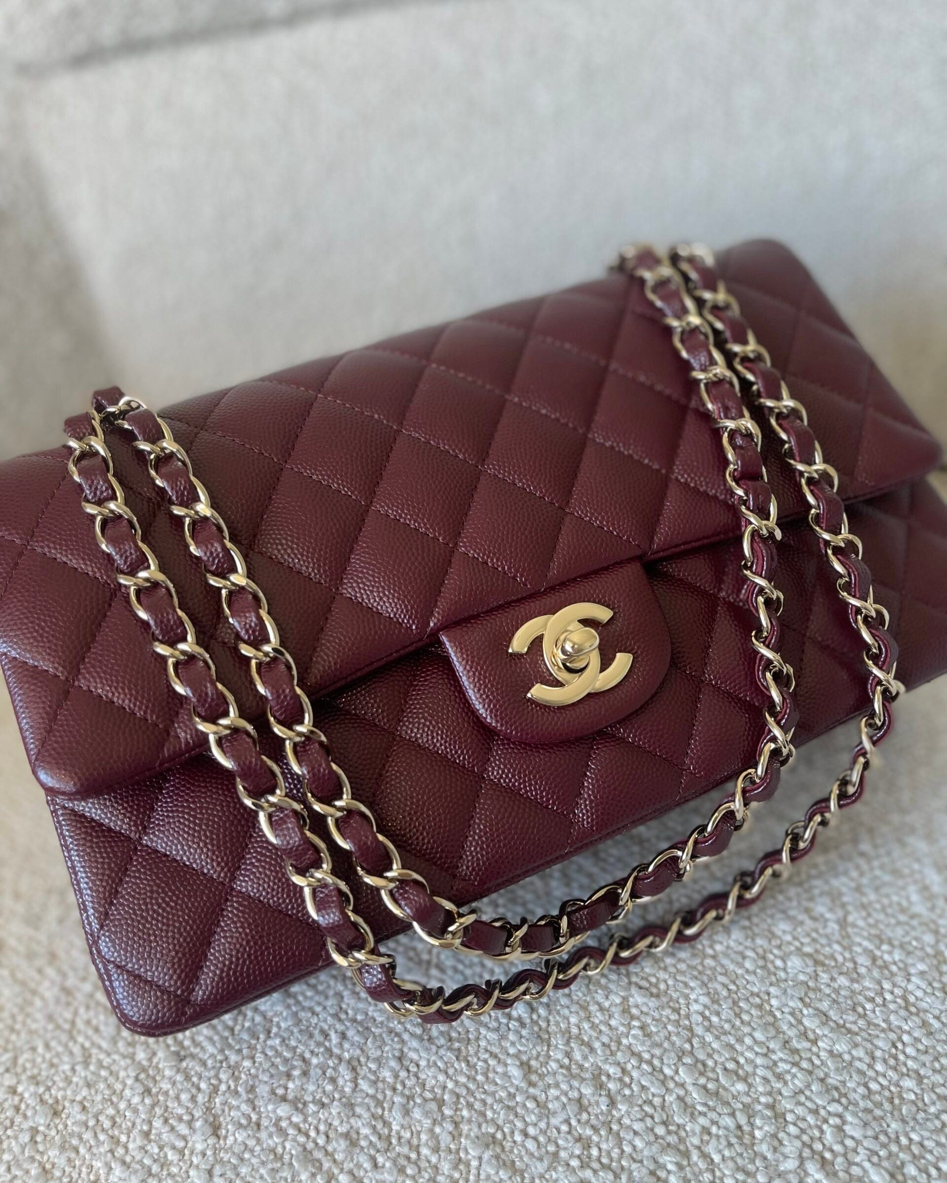 CHANEL Handbag Dark Red/Maroon Caviar Quilted Classic Flap Medium LGHW - Redeluxe