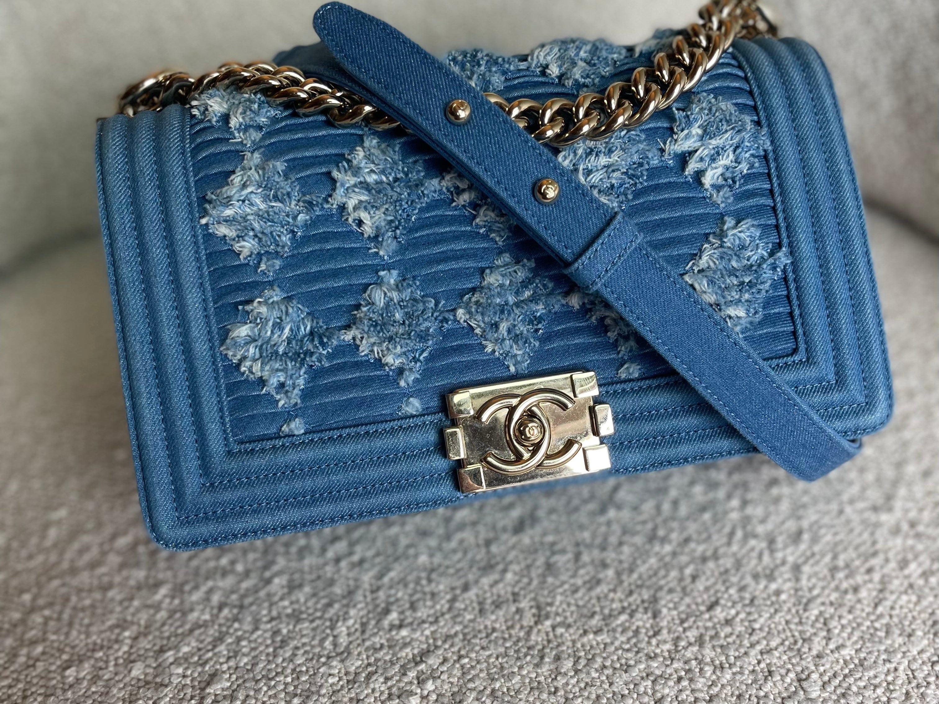 CHANEL Handbag Denim Pleated Old Medium Light Blue Boy Bag - Redeluxe