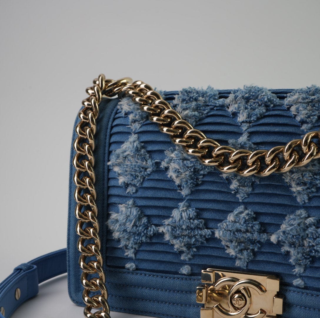 CHANEL Handbag Denim Pleated Old Medium Light Blue Boy Bag - Redeluxe