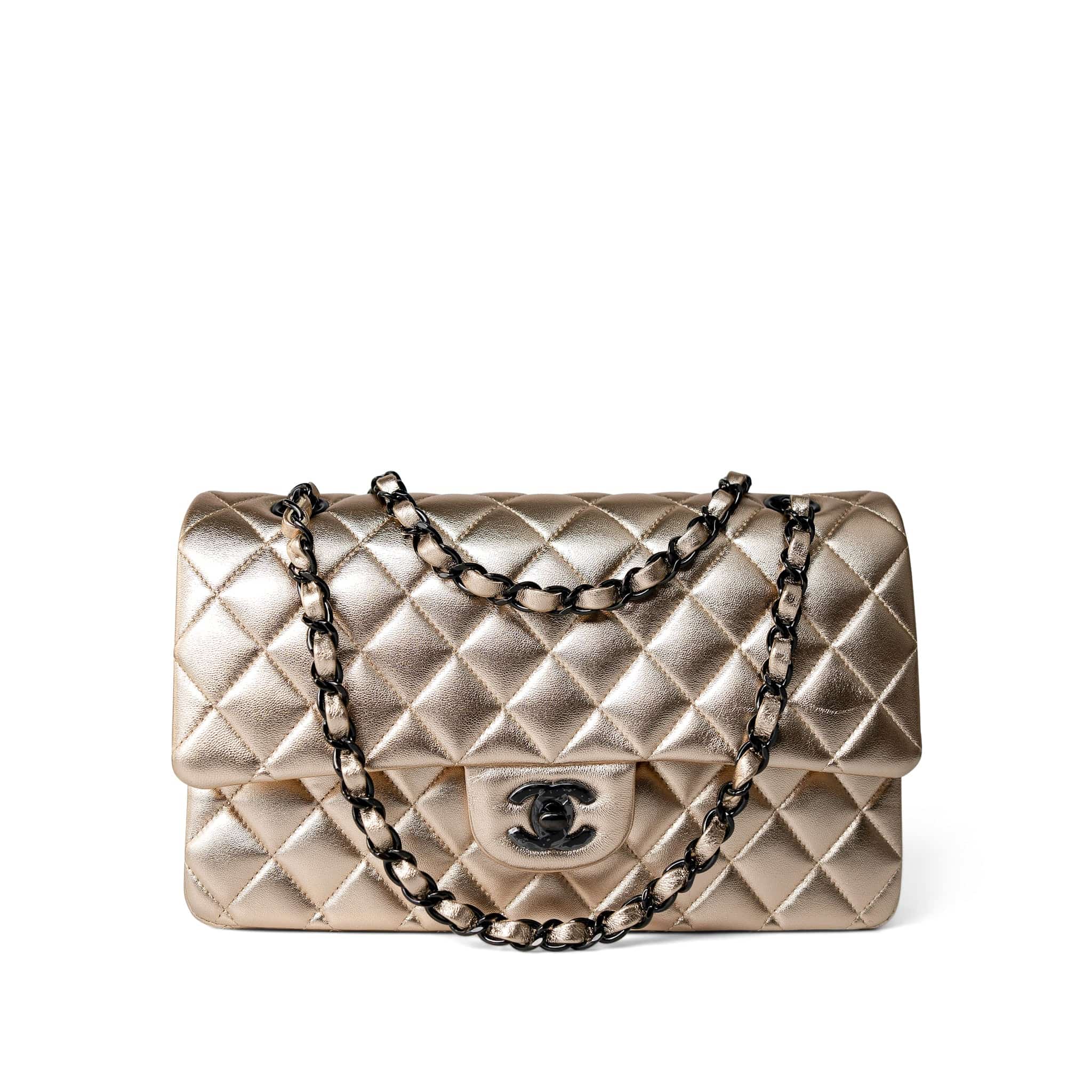 CHANEL Handbag Gold / Classic Flap Gold Metallic Lambskin Quilted Classic Flap Medium Gold / Black - Redeluxe