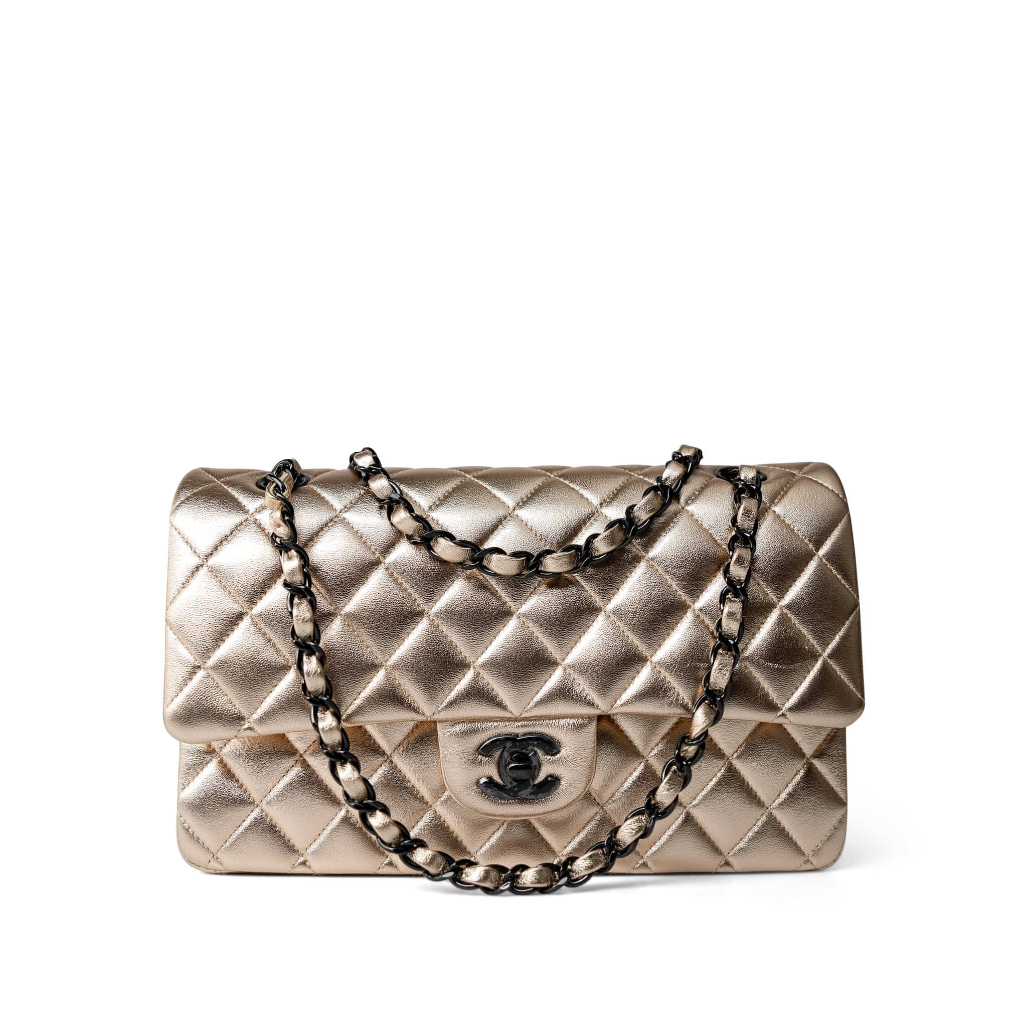 CHANEL Handbag Gold / Classic Flap Gold Metallic Lambskin Quilted Classic Flap Medium Gold / Black - Redeluxe