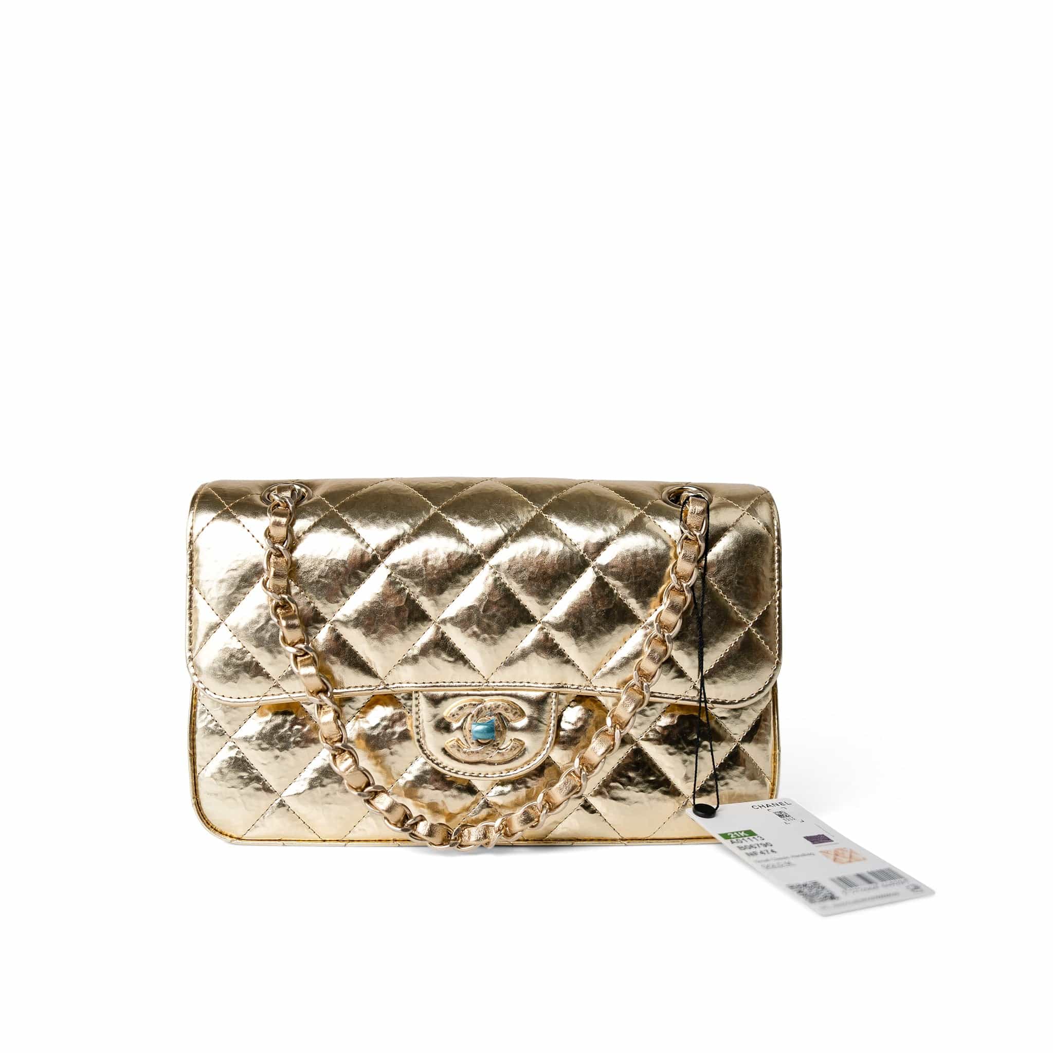 CHANEL Handbag Gold / Classic Flap Metallic Hammered Gold Calfskin Quilted Small Double Flap Gold/Black - Redeluxe