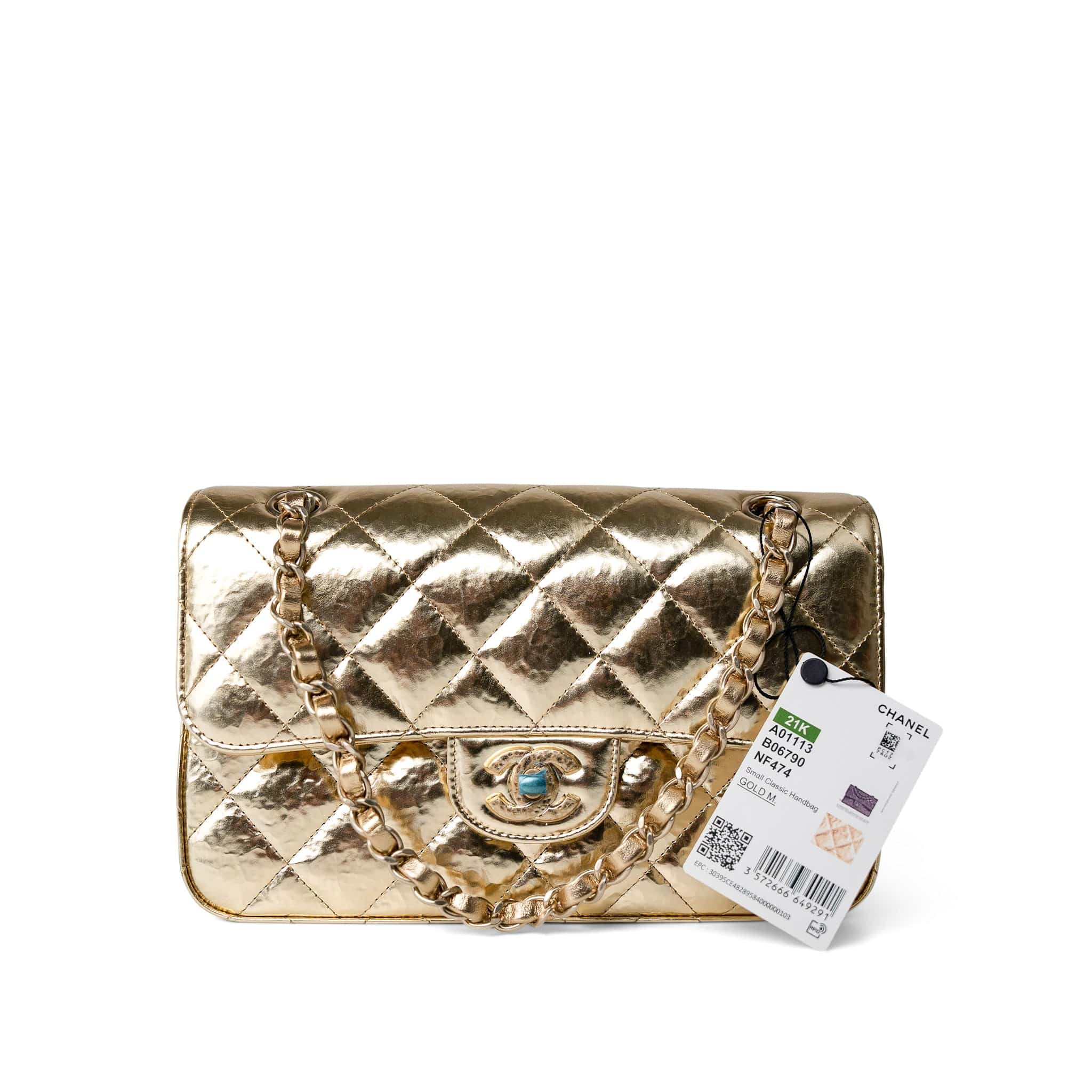 CHANEL Handbag Gold / Classic Flap Metallic Hammered Gold Calfskin Quilted Small Double Flap Gold/Black - Redeluxe