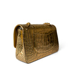 CHANEL Handbag Gold Metallic Calfskin Crocodile Embossed Classic Flap Medium Antique Gold Hardware - Redeluxe