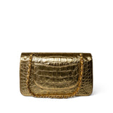 CHANEL Handbag Gold Metallic Calfskin Crocodile Embossed Classic Flap Medium Antique Gold Hardware - Redeluxe