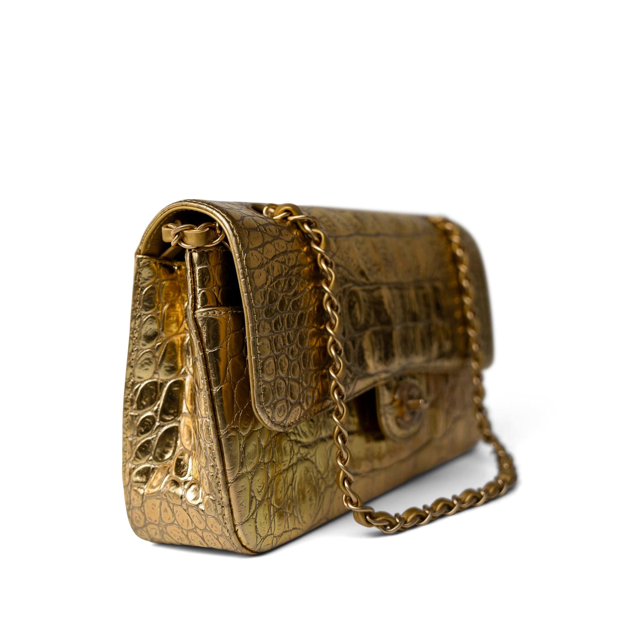 CHANEL Handbag Gold Metallic Calfskin Crocodile Embossed Classic Flap Medium Antique Gold Hardware - Redeluxe