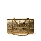 CHANEL Handbag Gold Metallic Calfskin Crocodile Embossed Classic Flap Medium Antique Gold Hardware - Redeluxe