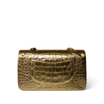 CHANEL Handbag Gold Metallic Calfskin Crocodile Embossed Classic Flap Medium Antique Gold Hardware - Redeluxe