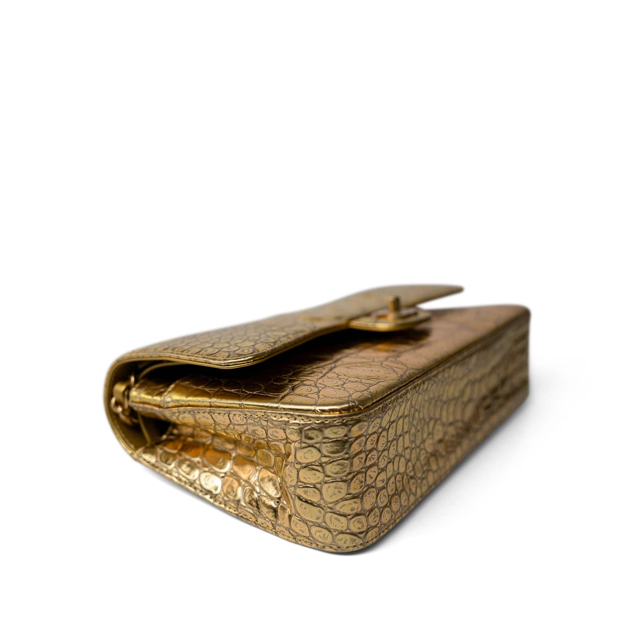 CHANEL Handbag Gold Metallic Calfskin Crocodile Embossed Classic Flap Medium Antique Gold Hardware - Redeluxe