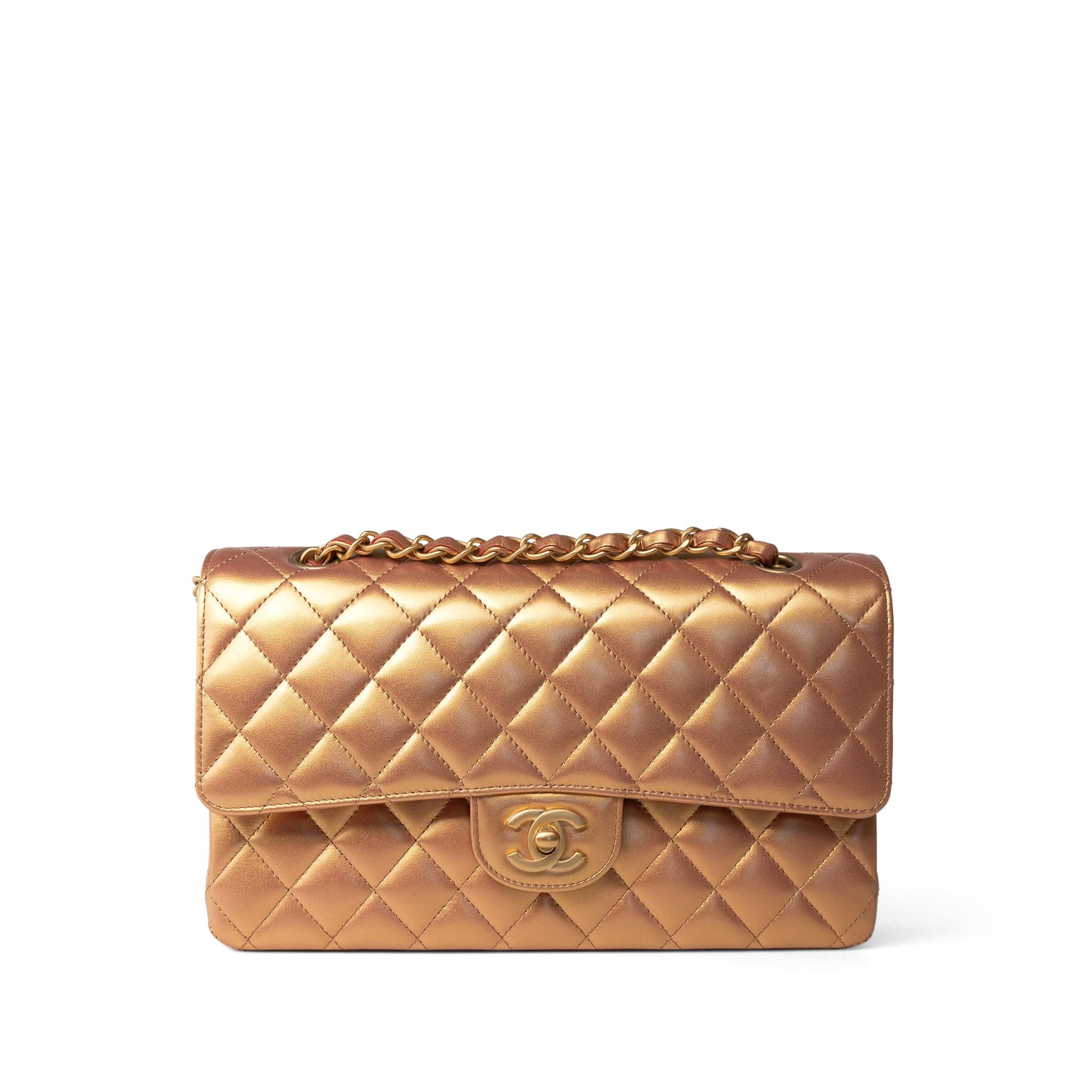 CHANEL Handbag Gold Metallic Gold Iridescent Calfskin Quilted Classic Flap Medium Aged Gold Hardware - Redeluxe