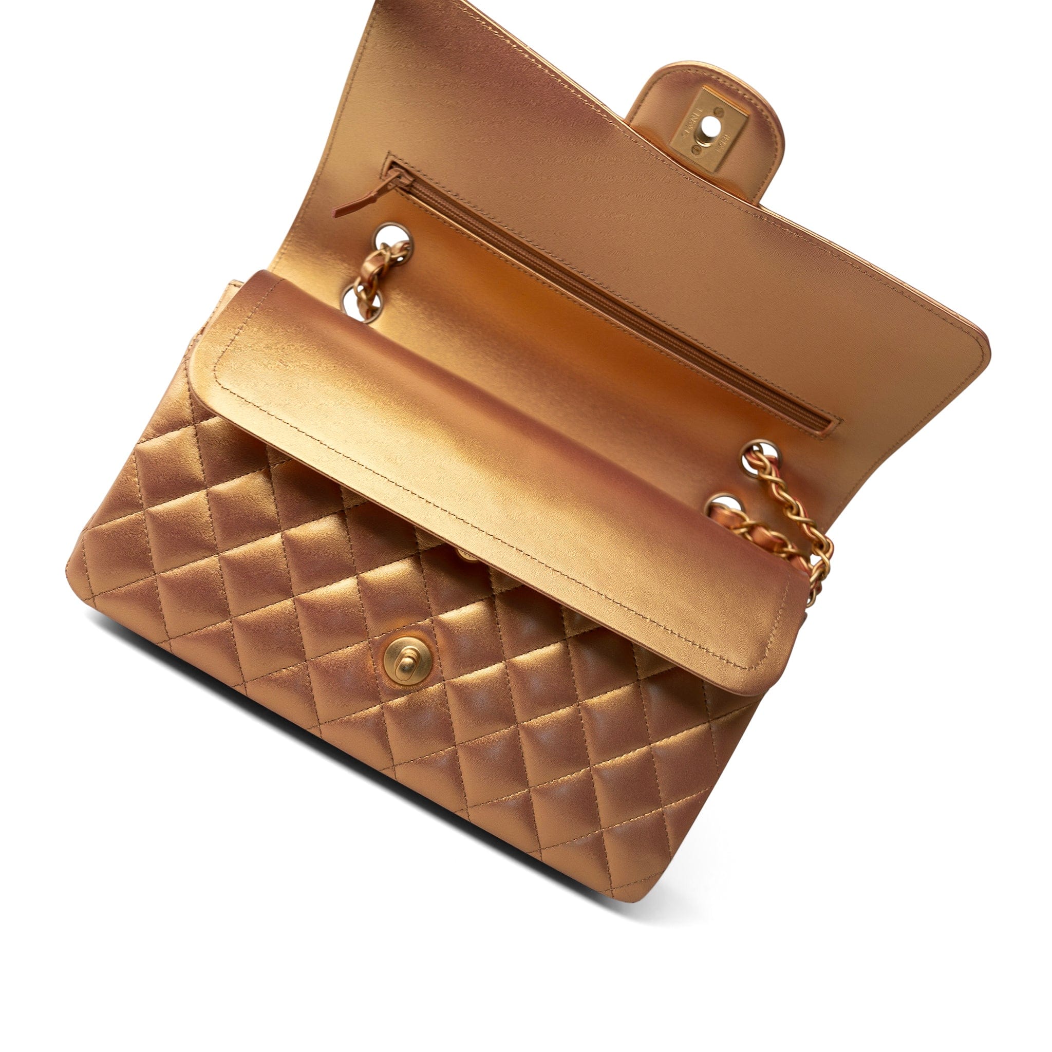 CHANEL Handbag Gold Metallic Gold Iridescent Calfskin Quilted Classic Flap Medium Aged Gold Hardware - Redeluxe