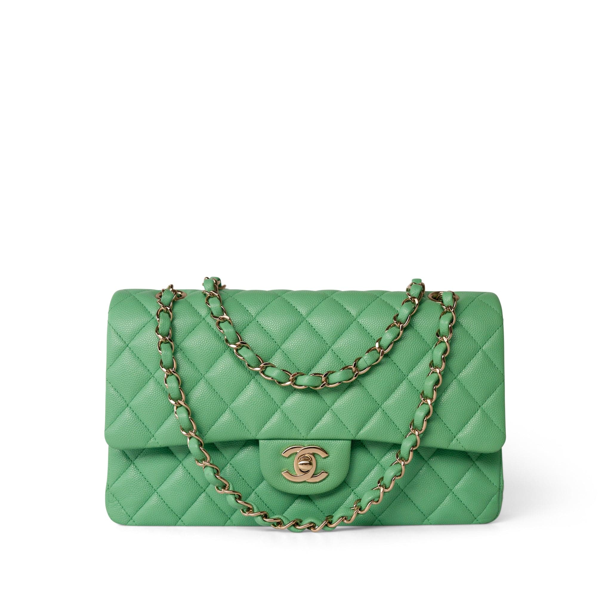 CHANEL Handbag Green 21P Green Caviar Quilted Classic Flap Medium Light Gold Hardware - Redeluxe