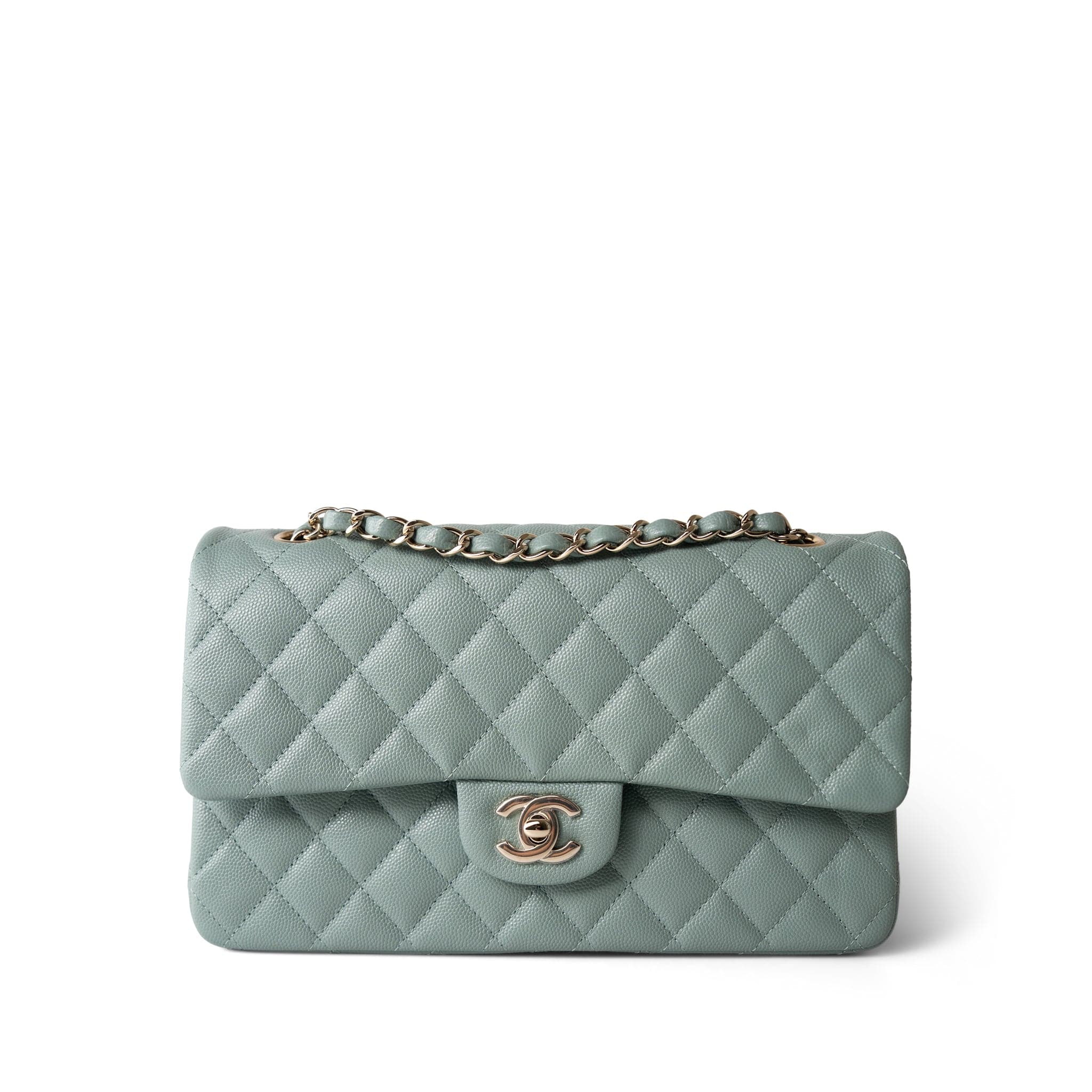 CHANEL Handbag Green 22C Dark Green Caviar Quilted Classic Flap Medium Light Gold Hardware - Redeluxe