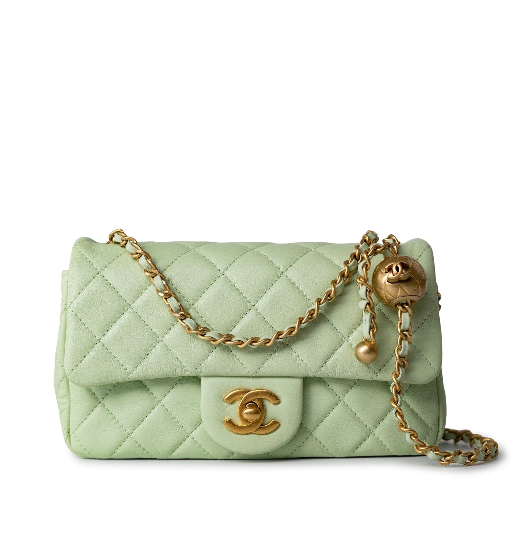 CHANEL Handbag Green 22C Light Green Lambskin Quilted Pearl Crush Mini Rectangular Flap Aged Gold Hardware - Redeluxe