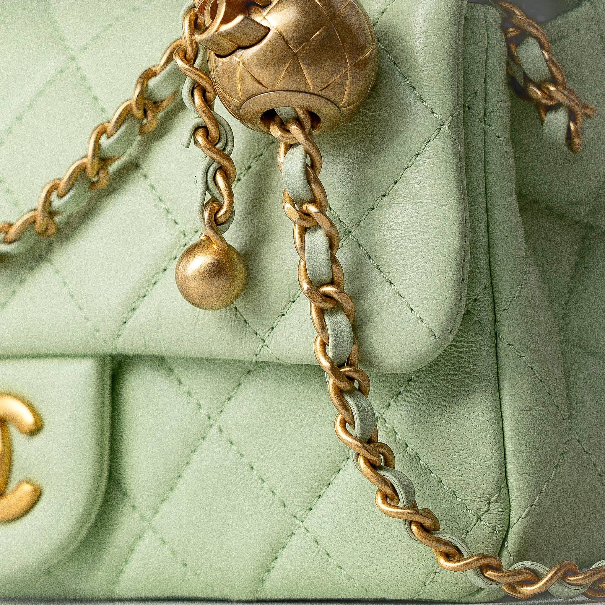 CHANEL Handbag Green 22C Light Green Lambskin Quilted Pearl Crush Mini Rectangular Flap Aged Gold Hardware - Redeluxe