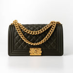 CHANEL Handbag Green Khaki Green Lambskin Quilted Medium Boy Bag Aged Gold Hardware - Redeluxe