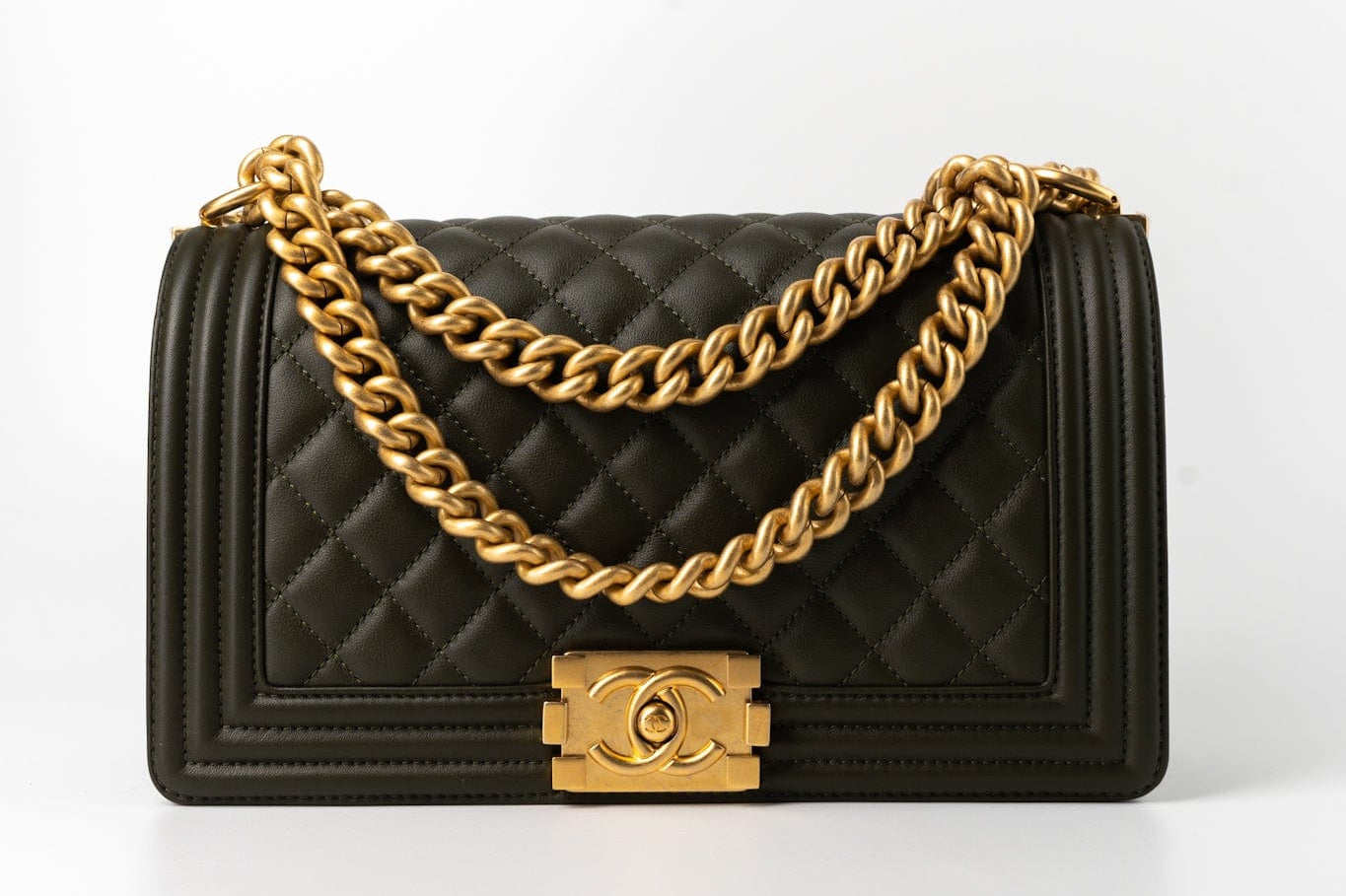 CHANEL Handbag Green Khaki Green Lambskin Quilted Medium Boy Bag Aged Gold Hardware - Redeluxe