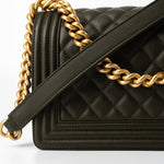 CHANEL Handbag Green Khaki Green Lambskin Quilted Medium Boy Bag Aged Gold Hardware - Redeluxe