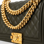 CHANEL Handbag Green Khaki Green Lambskin Quilted Medium Boy Bag Aged Gold Hardware - Redeluxe