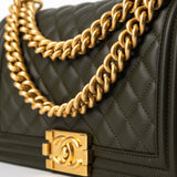 CHANEL Handbag Green Khaki Green Lambskin Quilted Medium Boy Bag Aged Gold Hardware - Redeluxe