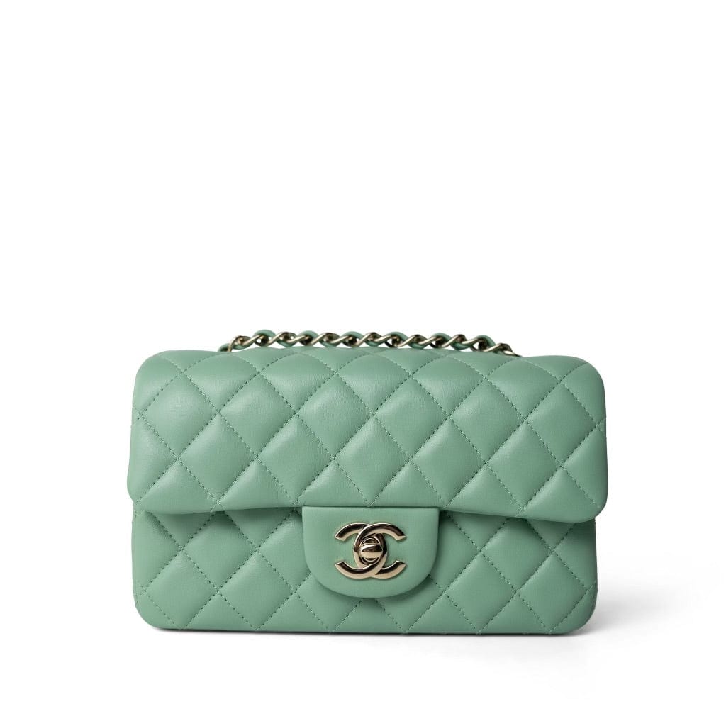 CHANEL Handbag Green Light Green Lambskin Quilted Mini Rectangular Flap - Redeluxe