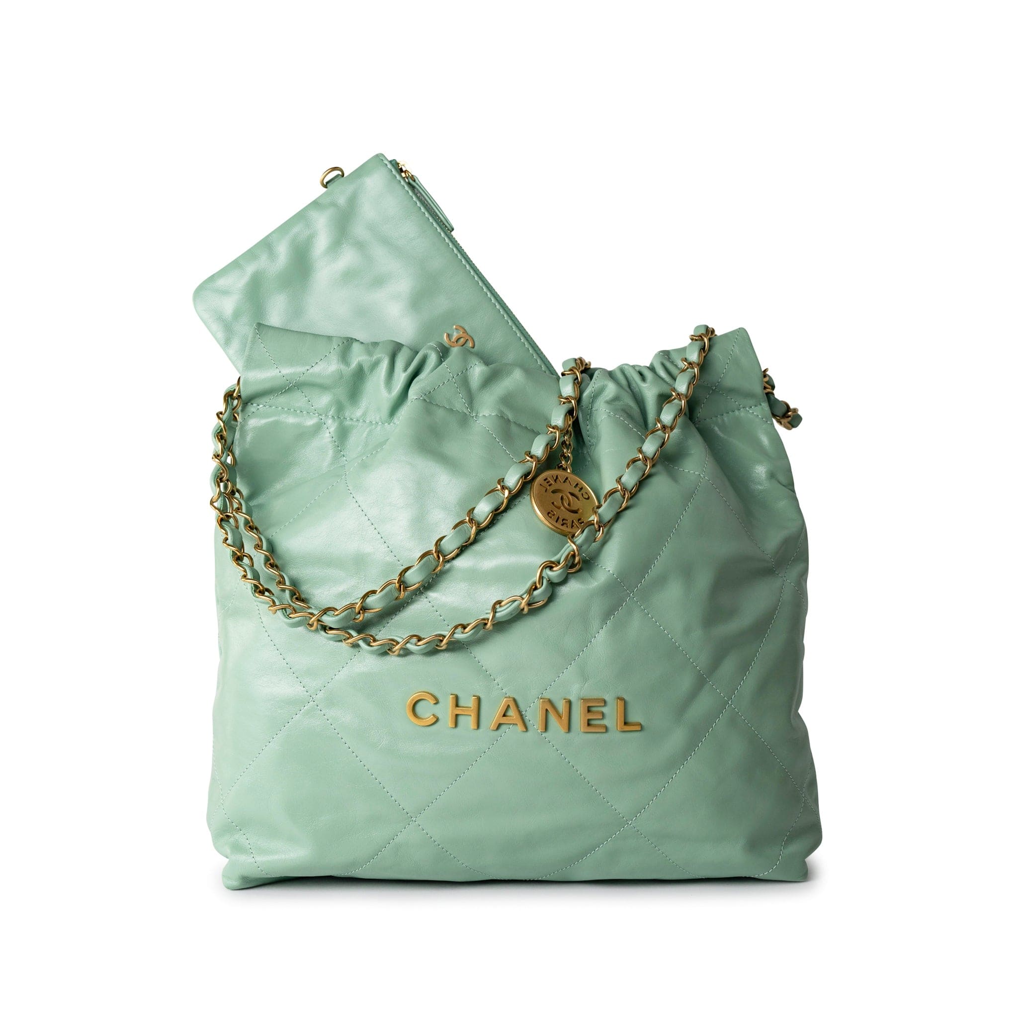 CHANEL Handbag Green Light Green Small Calfskin Quilted 22 Hobo Bag w/ Antique Gold Hardware - Redeluxe