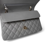 CHANEL Handbag Grey 21A Grey Caviar Quilted Medium Classic Flap Light Gold Hardware - Redeluxe