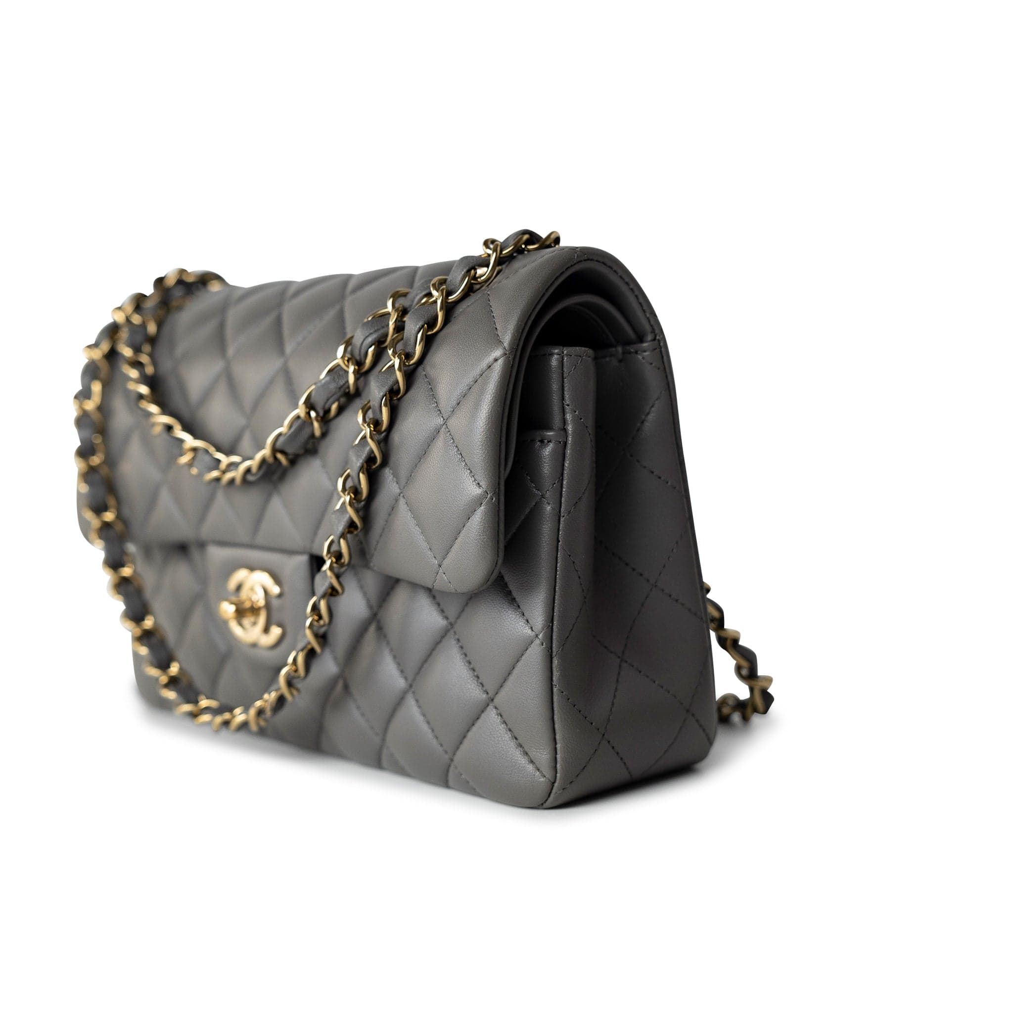 CHANEL Handbag Grey 22A Grey Lambskin Quilted Small Classic Flap Light Gold Hardware - Redeluxe