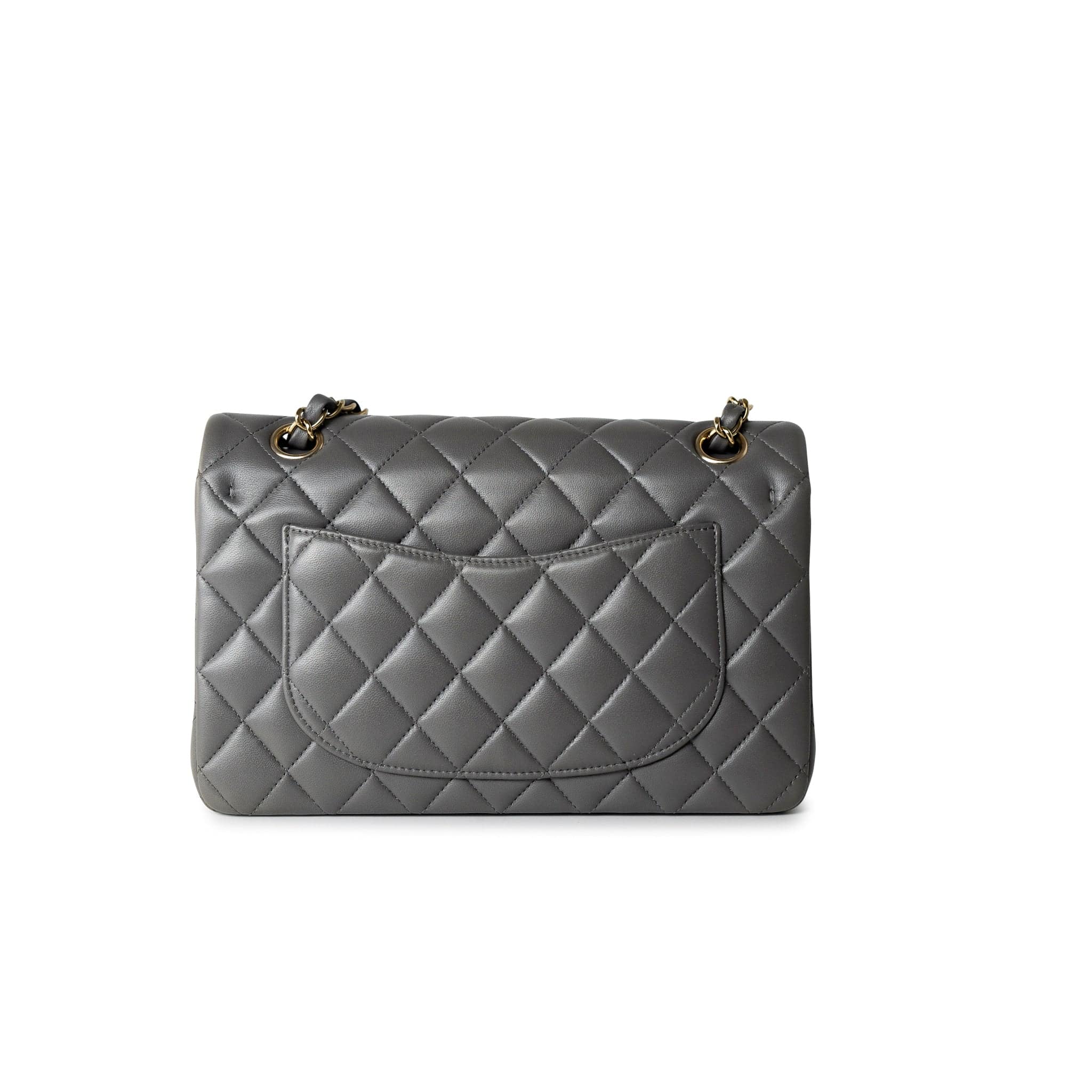 CHANEL Handbag Grey 22A Grey Lambskin Quilted Small Classic Flap Light Gold Hardware - Redeluxe