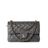 CHANEL Handbag Grey 22A Grey Lambskin Quilted Small Classic Flap Light Gold Hardware - Redeluxe