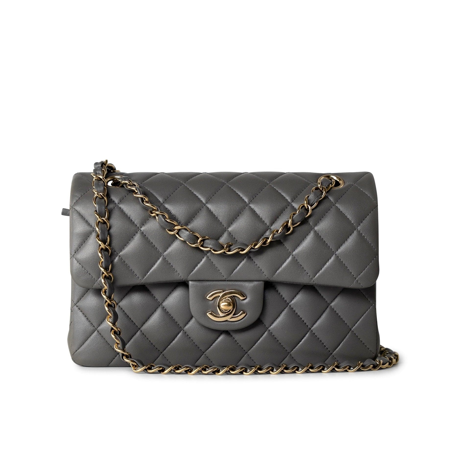 CHANEL Handbag Grey 22A Grey Lambskin Quilted Small Classic Flap Light Gold Hardware - Redeluxe