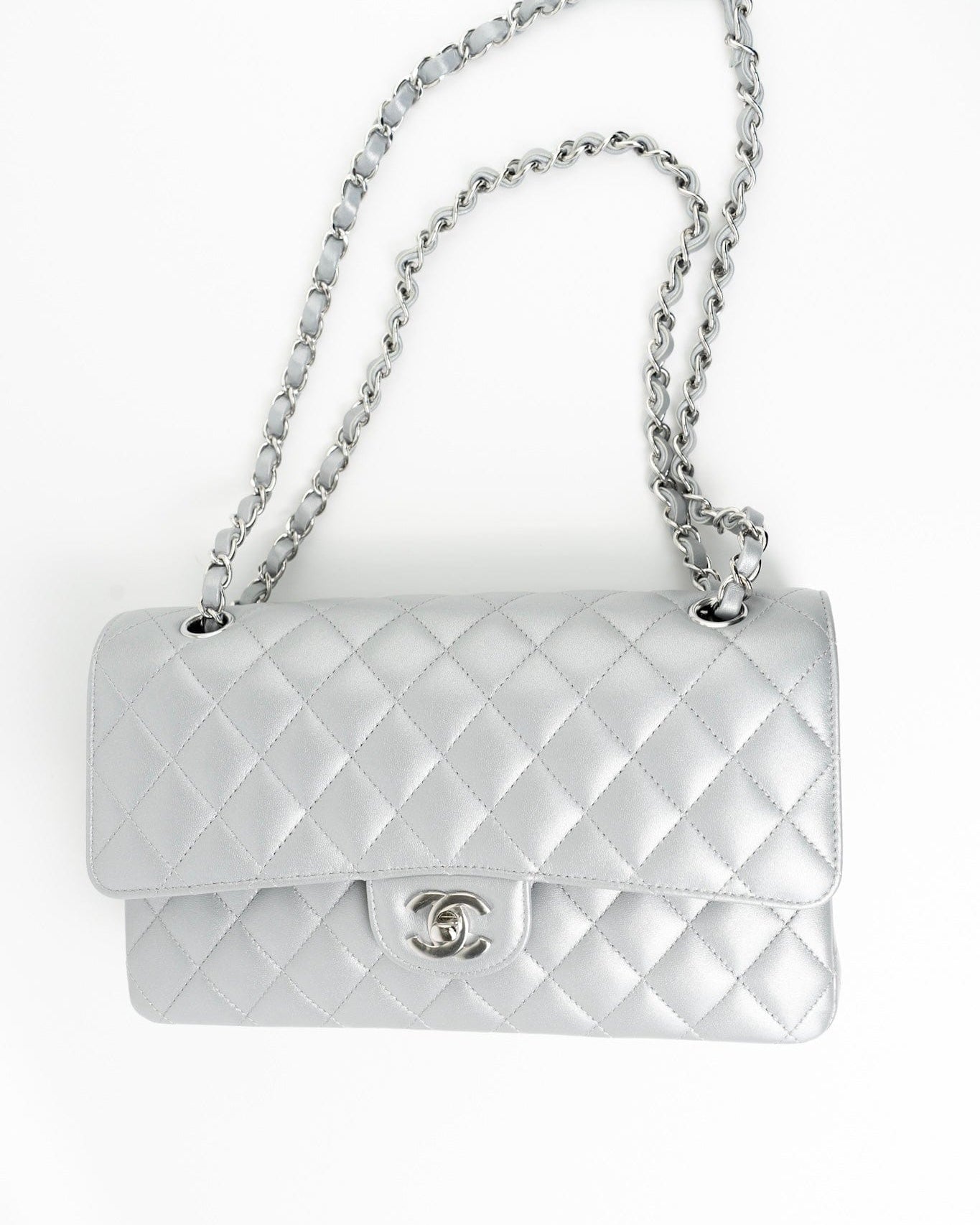 CHANEL Handbag Grey 23P Metallic Silver Lambskin Quilted Classic Flap Medium SHW Edge Stitching - Redeluxe