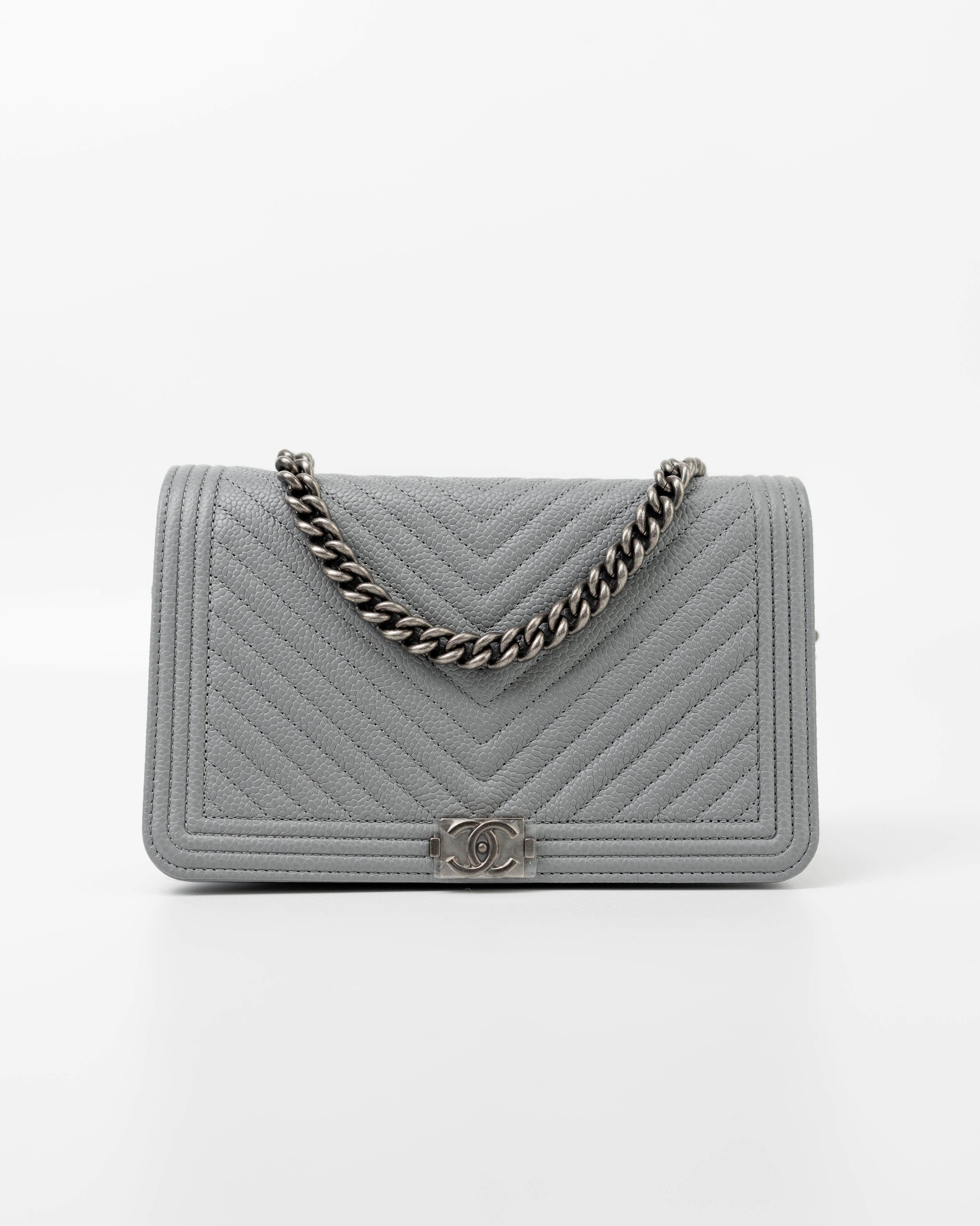 CHANEL Handbag Grey Chanel Grey Caviar Chevron Boy Wallet on Chain Ruthenium Hardware (WOC) - Redeluxe