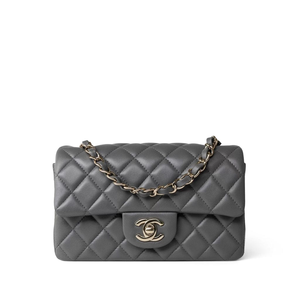 CHANEL Handbag Grey Dark Grey Lambskin Quilted Mini Rectangular Flap Light Gold Hardware - Redeluxe